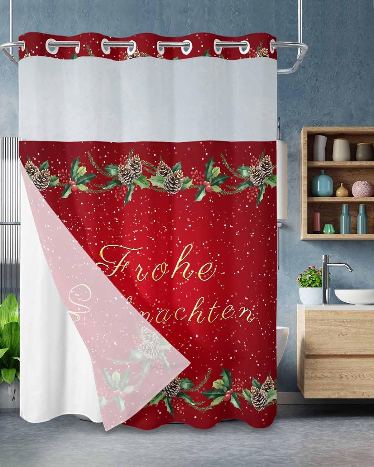 No Hook Shower Curtain, Merry Christmas Stall Bathroom Curtains with Snap in Liner, Red Winter Pine Cones Berries Snowflake Waterproof Washable Fabric Shower Curtain Set, 48" x 72"