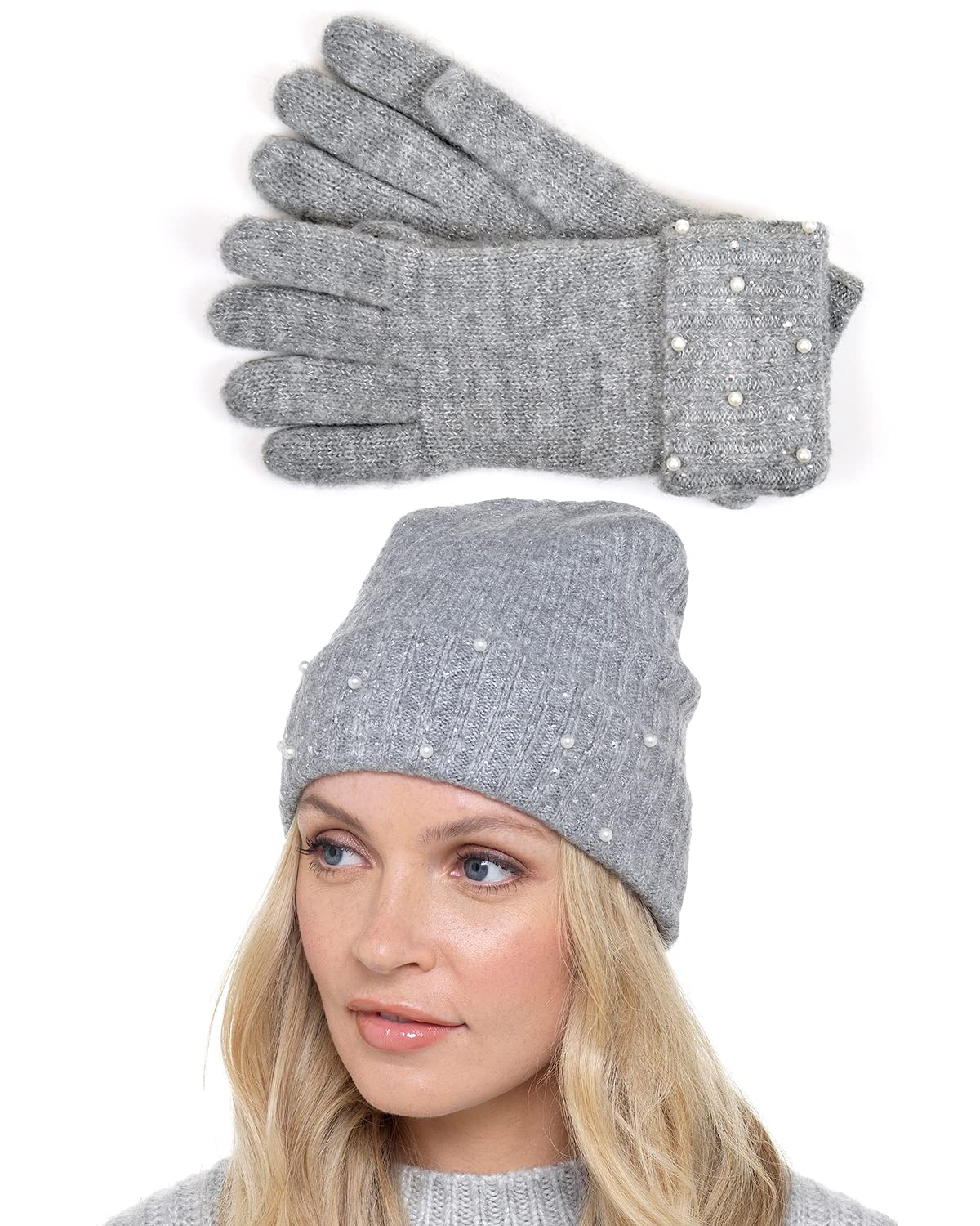 Undercover Ladies Sequin & Pearl Hat/Glove Set GL894/GL895 Grey