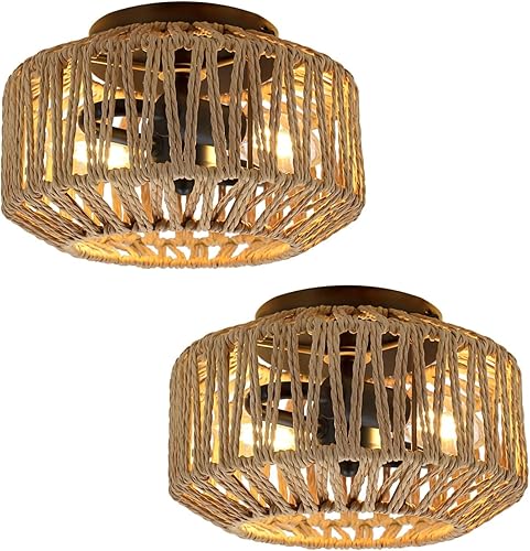 Paquete de 2 lámparas de techo bohemias, 2 luces tejidas a mano de ratán de montaje empotrado, estilo bohemio de granja para cocina, baño,