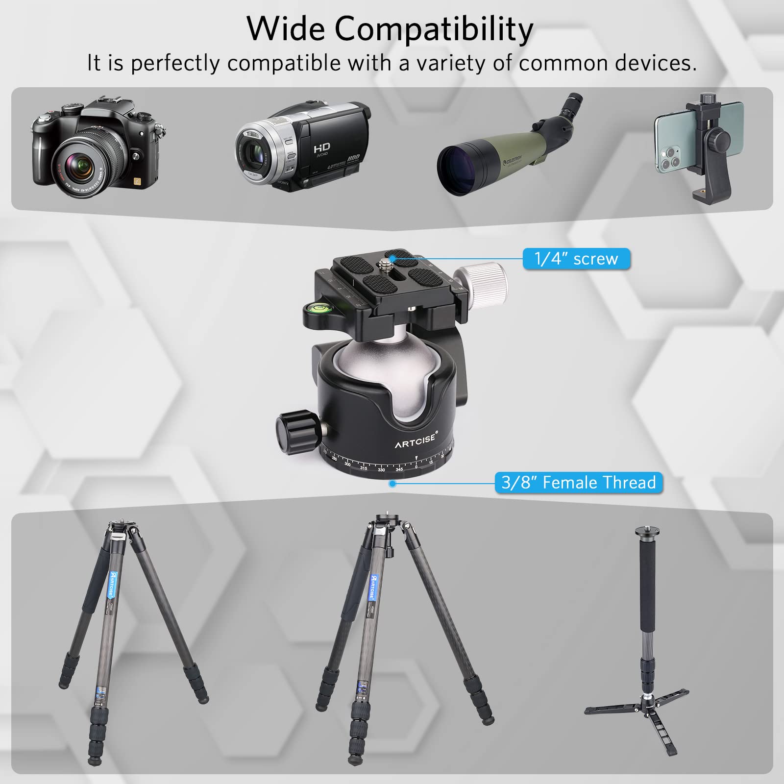 ARTCISE Głowica kulowa o niskim profilu, 46 mm, panoramiczna metalowa głowica statywu 360° z płytą szybkiego montażu Arca i adapterem gwintowanym 1/4 cala na 3/8 cala do suwaka statywu DSLR