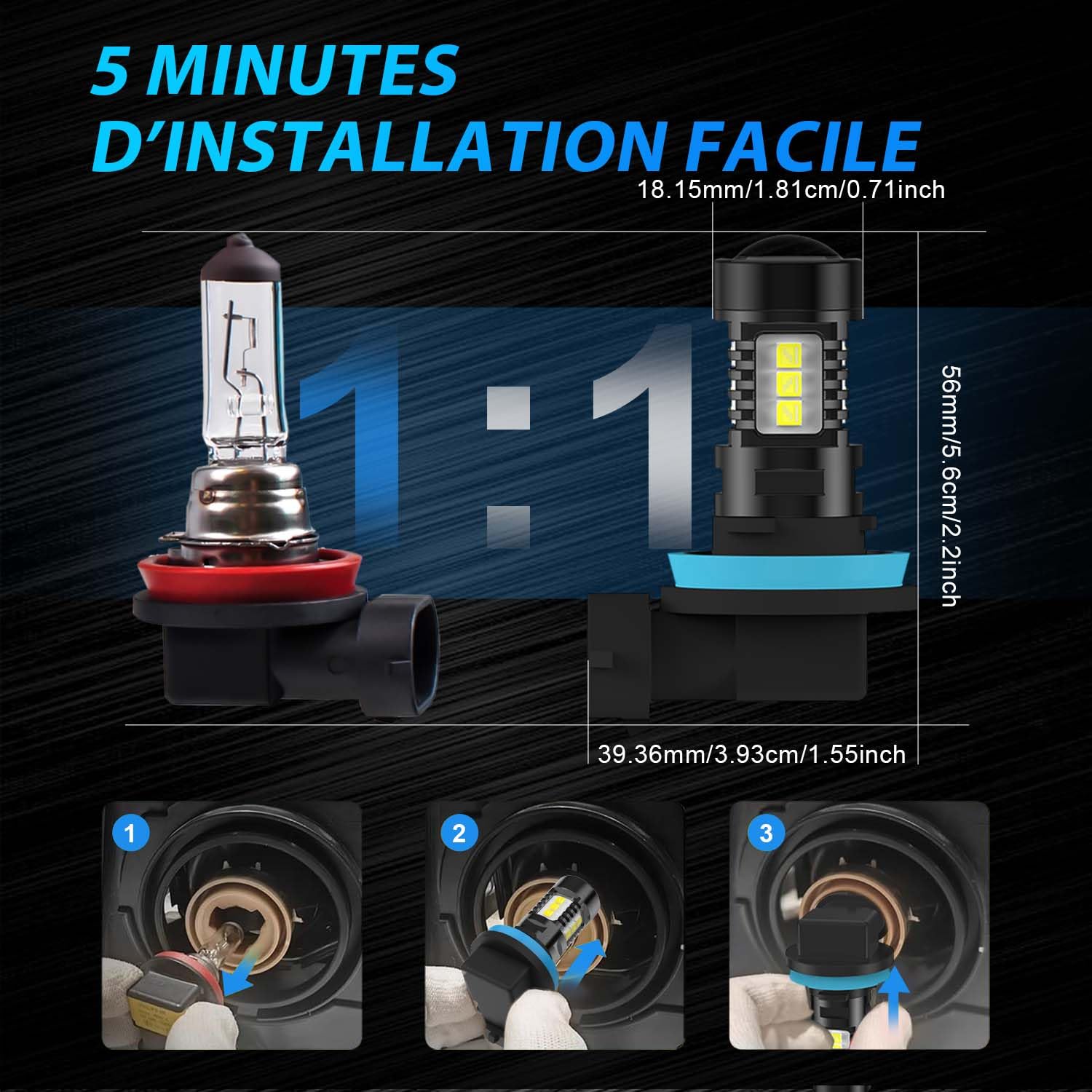 H8 H11 Ampoules Antibrouillard LED 6500K Blanc, Eclairage à 360 Degrés, Conception de Lentille Convexe, Puce LED Surround 4 Côtés, 1:1 Taille Remplace les Lampes Halogènes, 2 Pièces