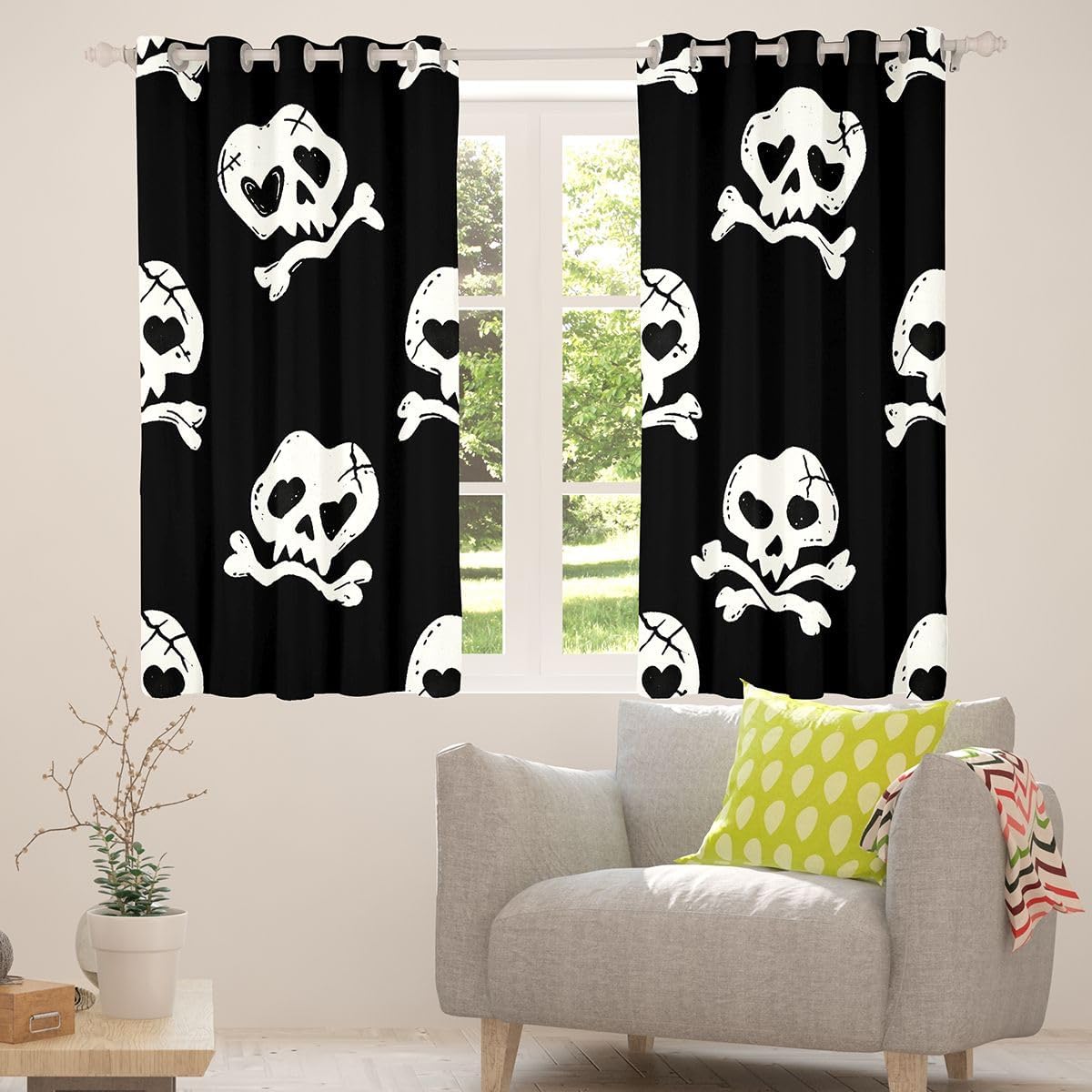 Feelyou Halloween Cute Skull Crossbone Curtains for Bedroom Living Room Heart Eye Cartoon Blackout Darkening Drapes Kawaii Spooky Window Treatments, 2 Panels 38 x 45 Inch Funny Room Decor Adorable image 4