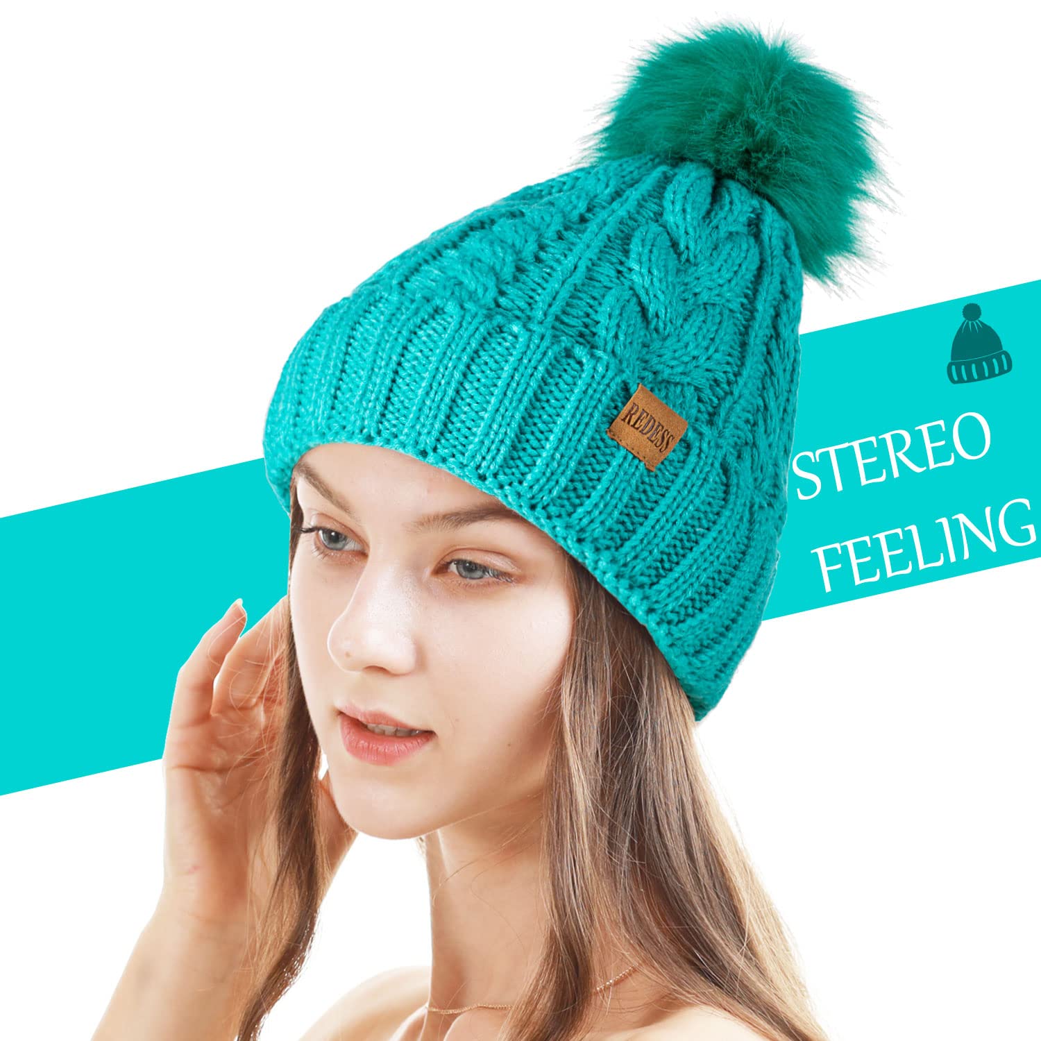 REDESS Cappello Invernale da Donna con Pom Pom Beanie Caldo Foderato in Pile Spesso Slouchy Snow Knit Chunky Baggy Skull Berretto da Sci