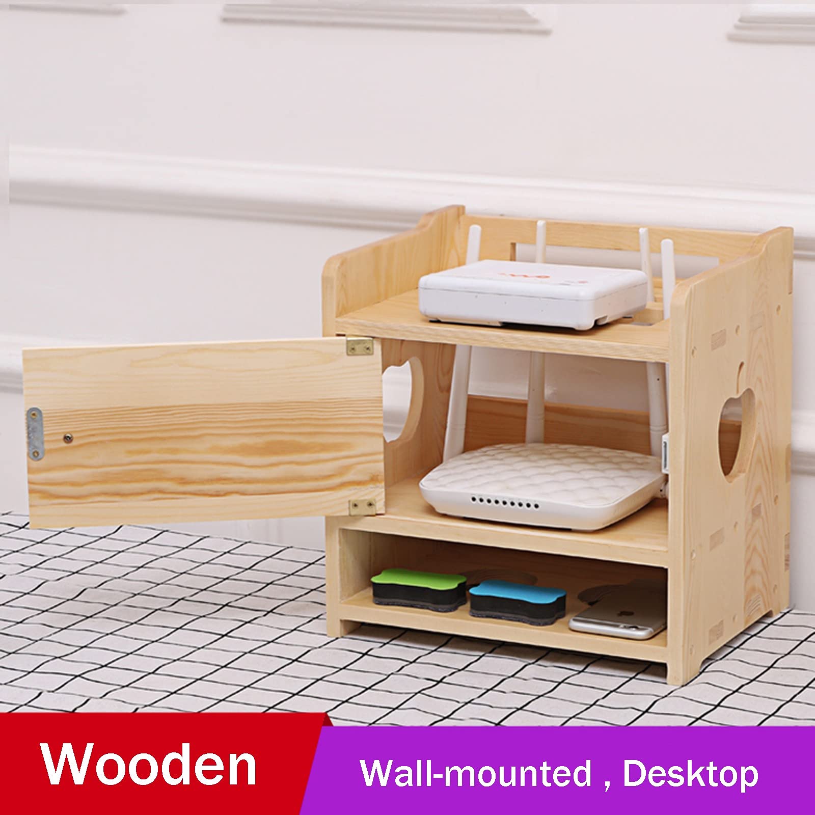 Pudełko do przechowywania WiFi, Organizer na kable do montażu biurku/ścianie, solidny, drewniany, przechowywania dekoderów kablowych(A,32x23x31 cm)