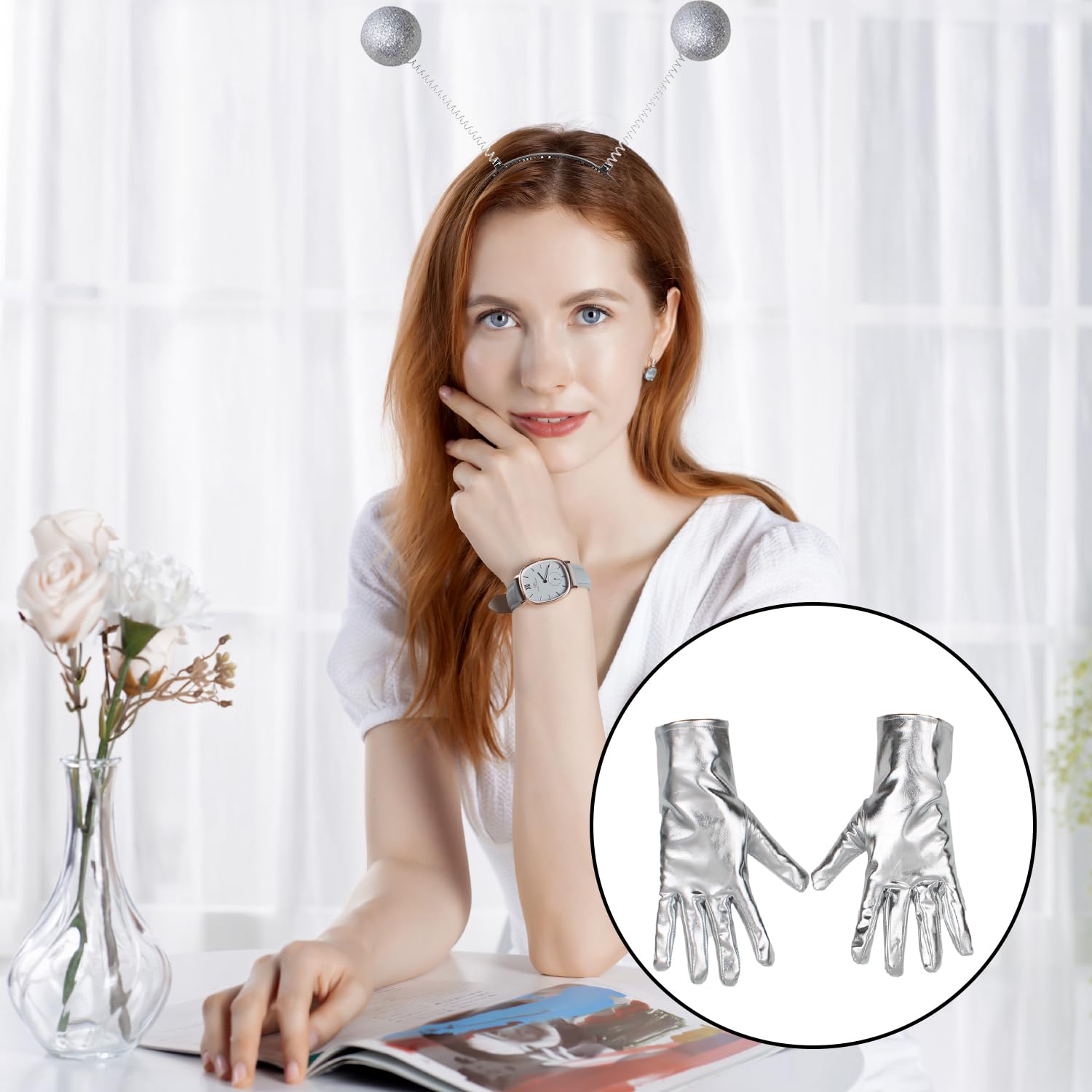 RmKbe 2 Pieces Alien Accessory Alien Headband and Silver Alien Finger Gloves Alien Party Favor Supplies for Halloween Party Costume - Image 4