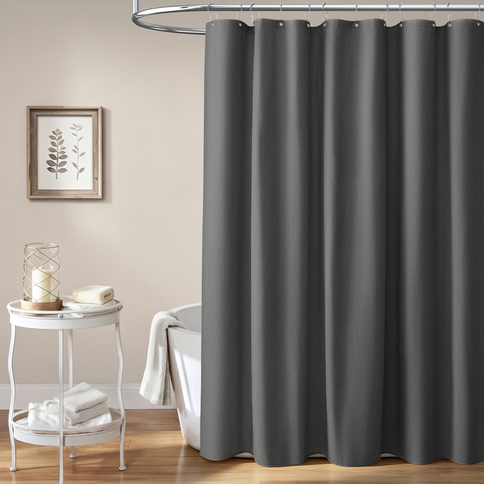 BTTN Rideau de douche de 198 cm de long, ensemble de rideaux de douche en tissu texturé épais et lin gris avec 12 crochets, rideaux de douche neutres pour hôtel imperméables en polyester pour salle de