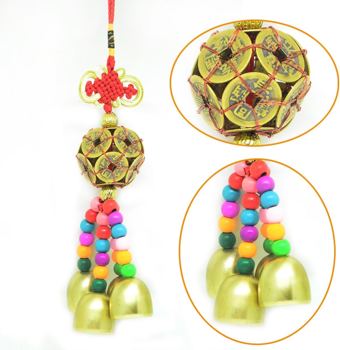 Chinese Lucky 12 Coins Charm on Auspicious Red Cord,perfect 4 brass chimes Feng Shui Pendant for Wealth and Success Best Gift