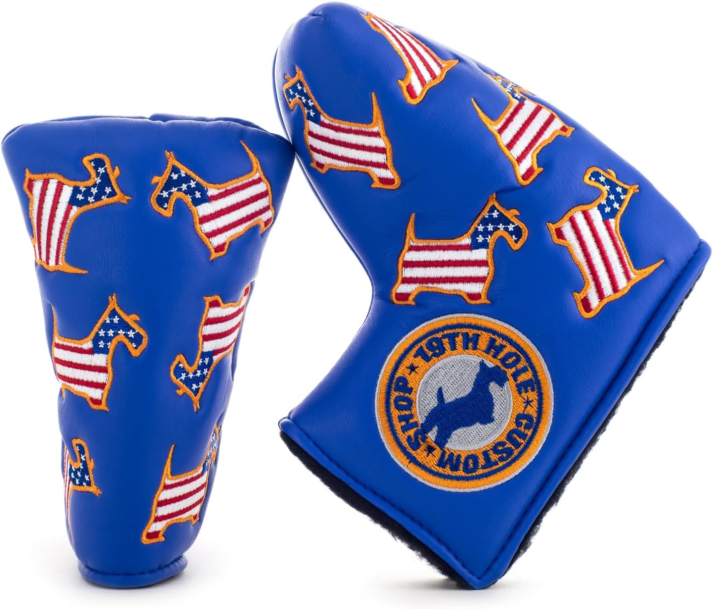 US Flag Scottie Dog Headcover for Midsize Mallet and Blade Putter, Blue, Golf Head Cover
