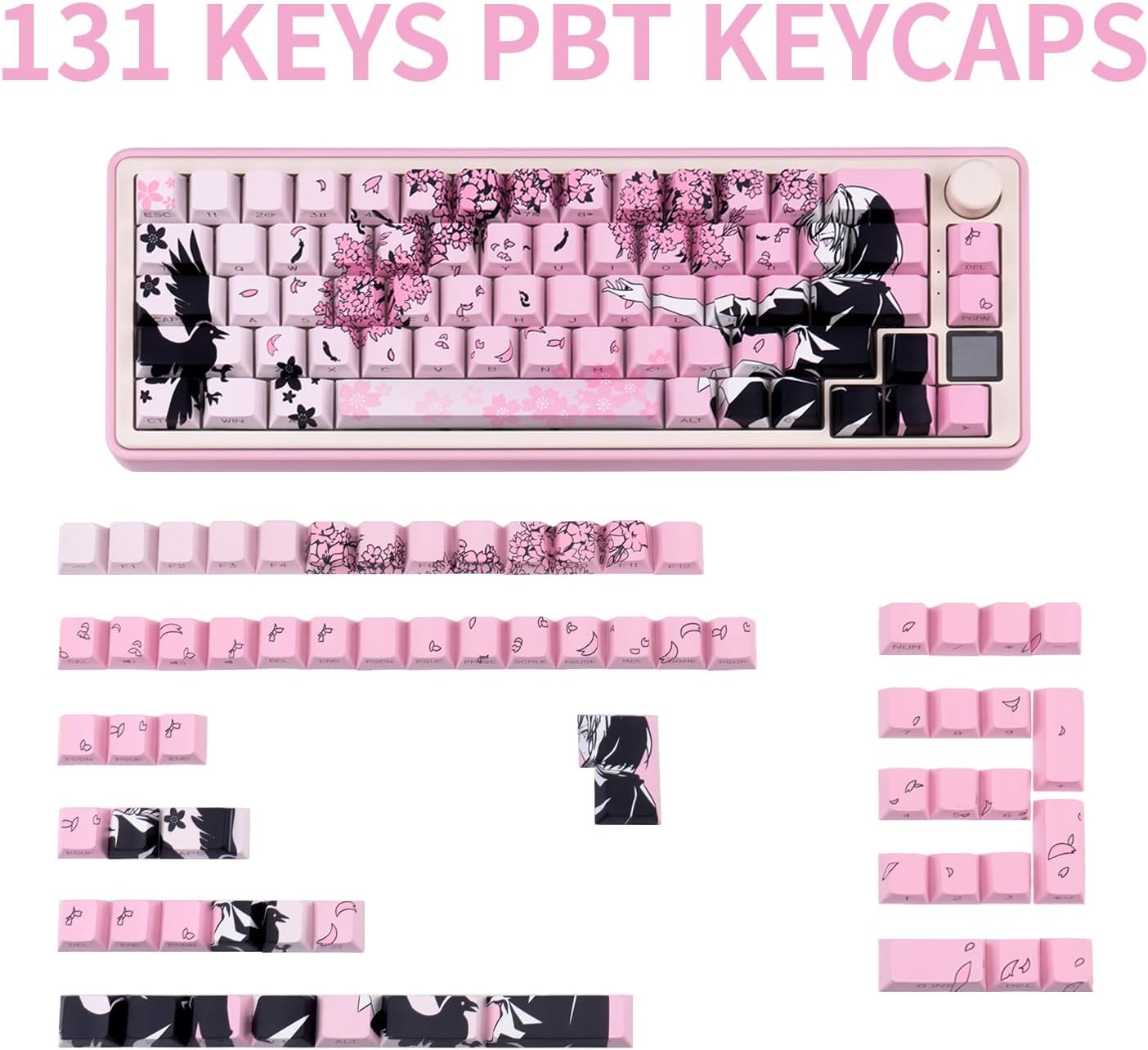 PBT Keycaps 131 Keys - Pink Japanese Anime Keycaps Dye Sublimation Cherry Profile Keycap Shine Through Side Print Custom Key Cap Set for Mechanical Keyboard 61/64/75/84/87/104/108 Layout