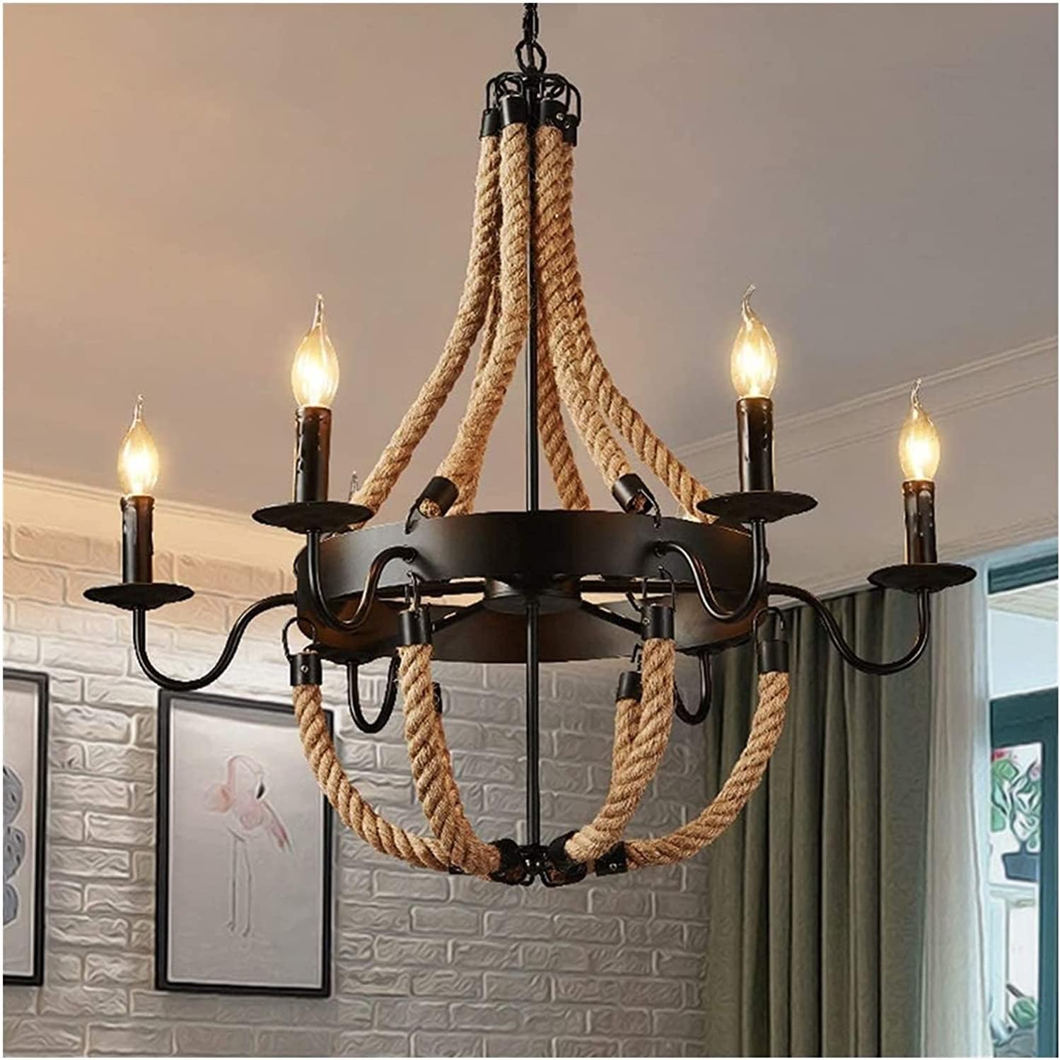 BLOOHK Industrial Hemp Rope Pendant Light, Vintage Retro Chandelier, Rustic E14 Hanging Ceiling Light Fixture for Dining Table, Kitchen, Living Room