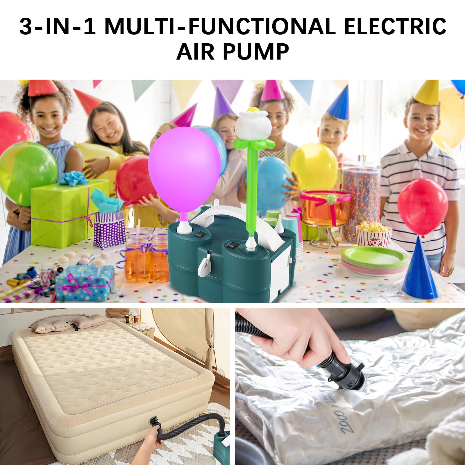 Electric Balloon Pump Portable Versatile Air Inflate/Deflate Pump Double Motor Automatic Air Balloon Inflator Machine with 5 Nozzles for Pool Floats Air Inflatables Essential Party Decoration Tool