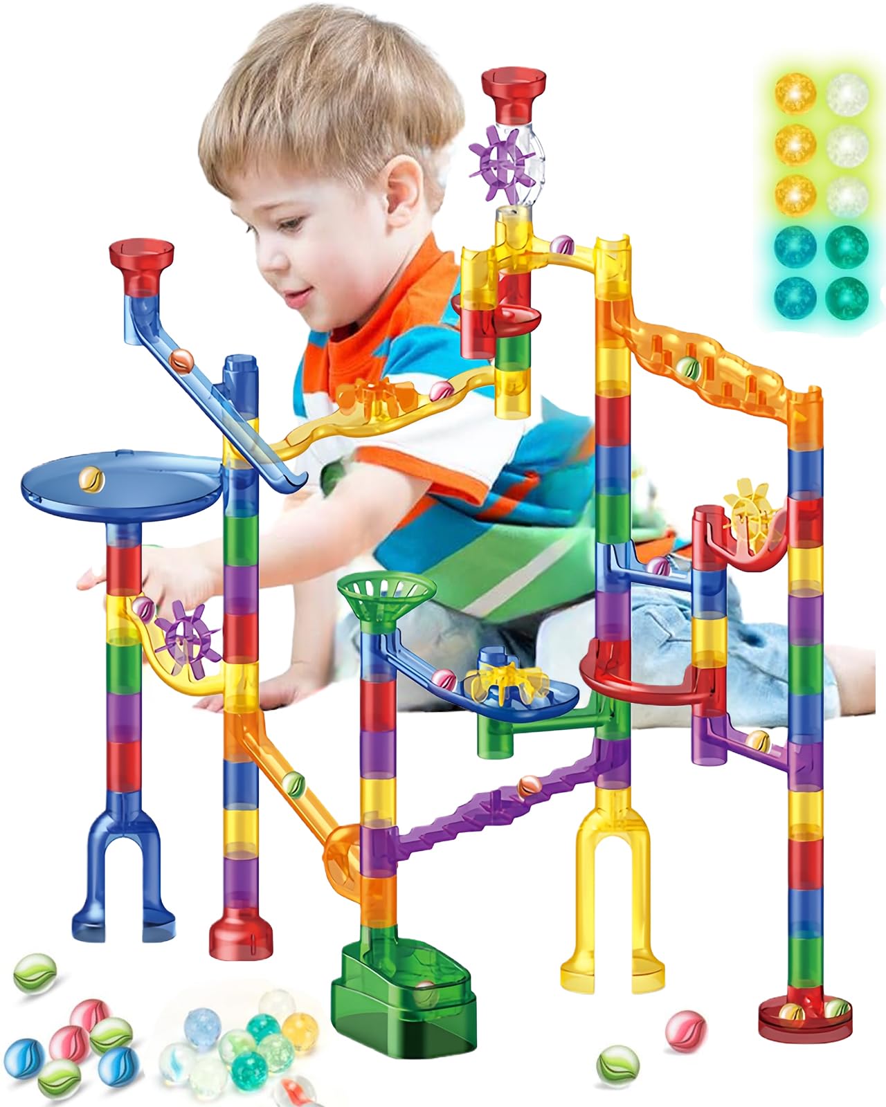 Marble Run 104 PCS Building Toy Set including 20 Glass Marbles Glow in The Dark