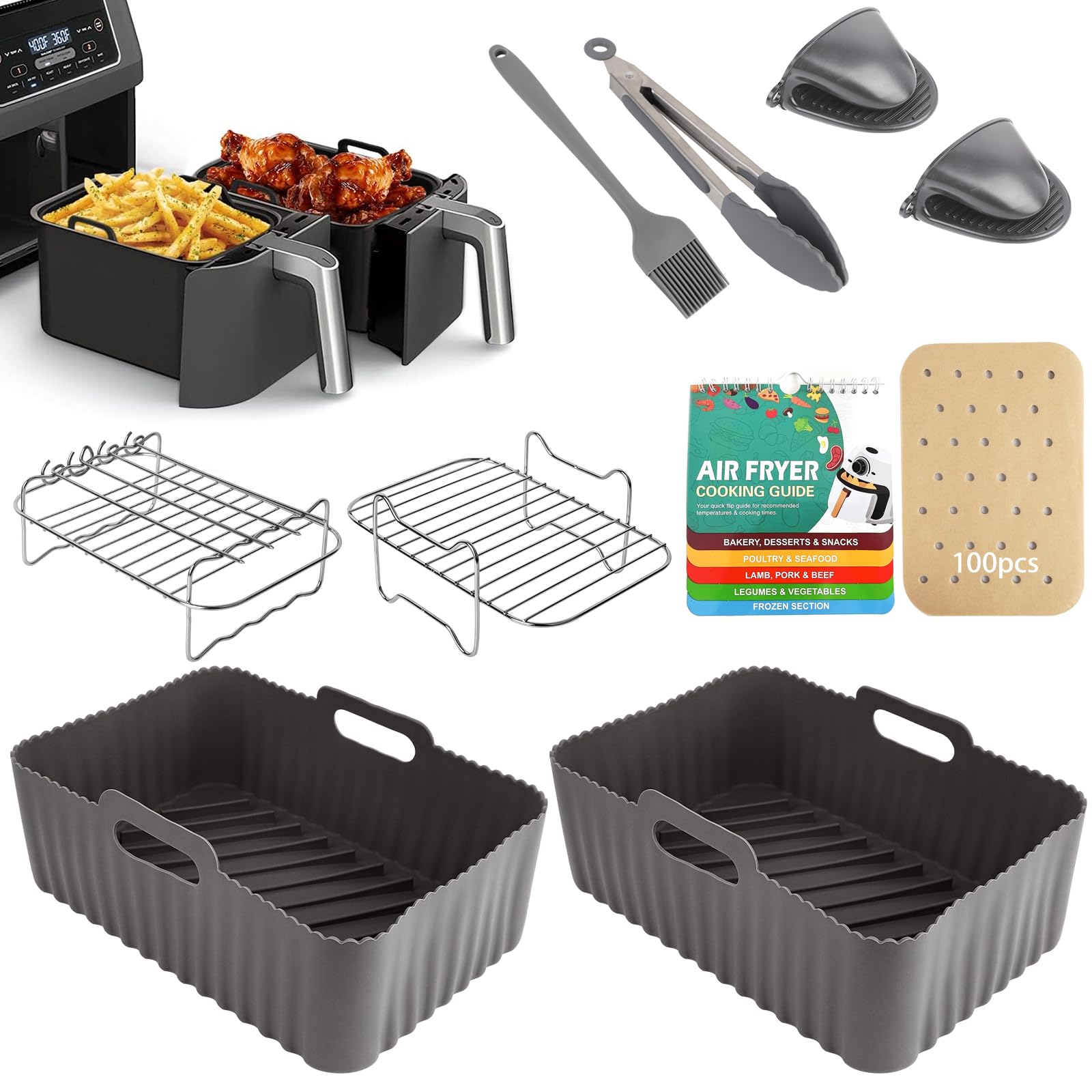 Air Fryer Accessories, HOMELYLIFE Silicone Air Fryer Liners for Ninja AF400UK AF300UK AF451UK AF500UK Tower T17088, 10 Pcs Dual Air Fryer Accessories, Cheat Sheet Magnets Cooking Guide Booklet