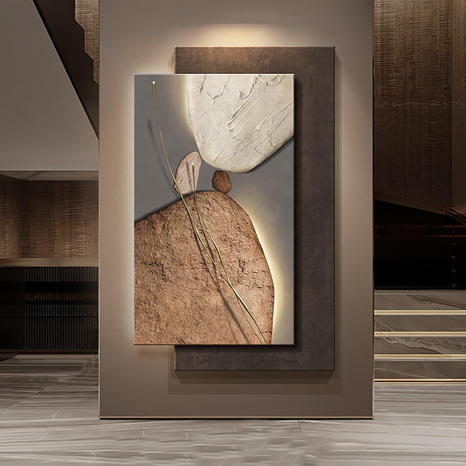 ZCQMSCWW Modern LED Wall Art 3D，Abstract Sandstone Sculpture Natural Texture Stone Vertical Lighted Mural Decor for Living Room Bedroom(C,50 * 70cm/19.6 * 27.5in)