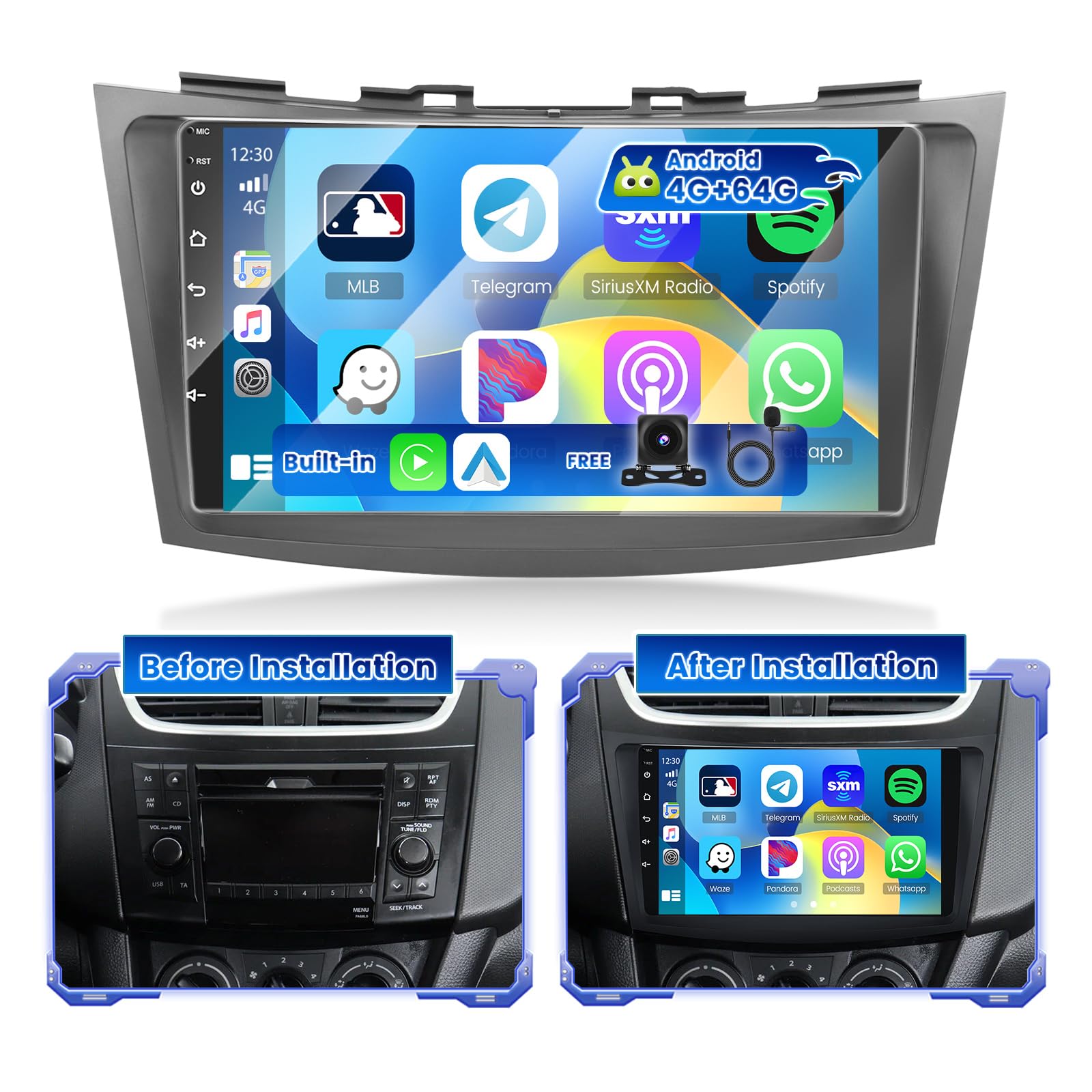 Hikity 4G+64G Android 15 Autoradio 9" pour Suzuki Swift 2010-2017 CarPlay
