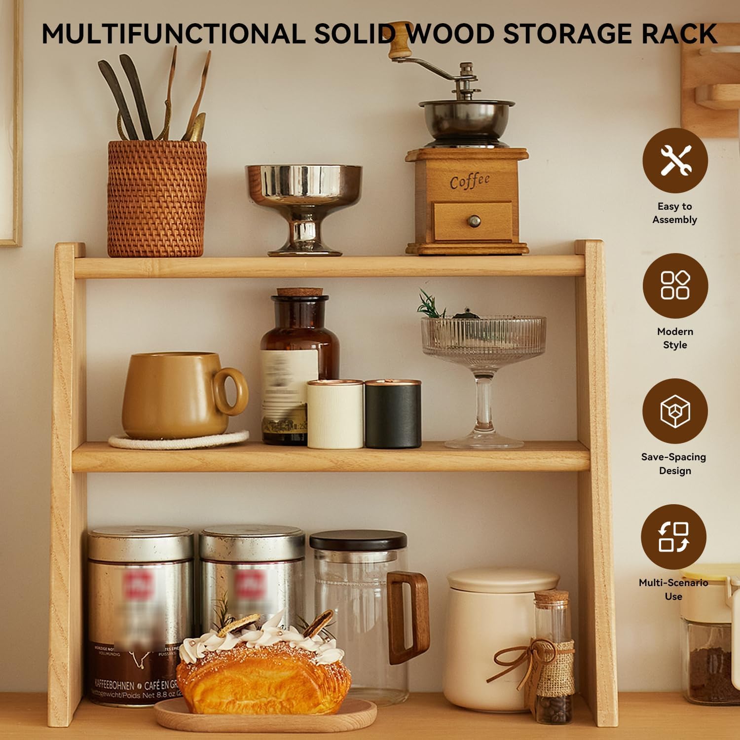 Kaffeestation Organizer, Holz Arbeitsplatte Regal für Tee Kaffee Bar Zubehör, Küche Lagerregal für Tassen, Pods und Gewürze, Kleiner Matcha-Ständer für Zuhause oder Büro