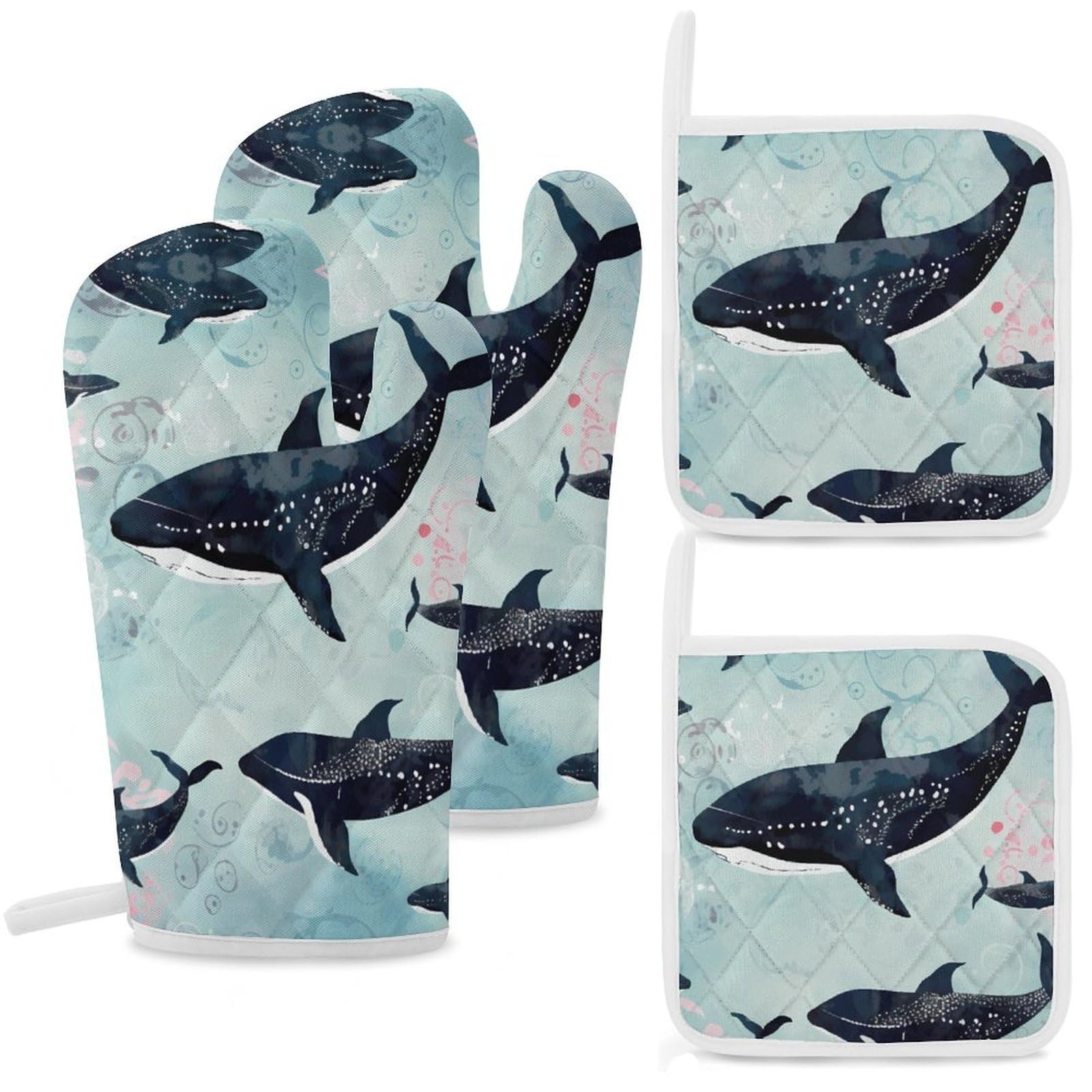 Whale Oven Mitts and Pot Holders Sets Heat Resistant Oven Glove with Hanging Loop for Baking Cooking BBQ Thicken Potholders for Kitchen