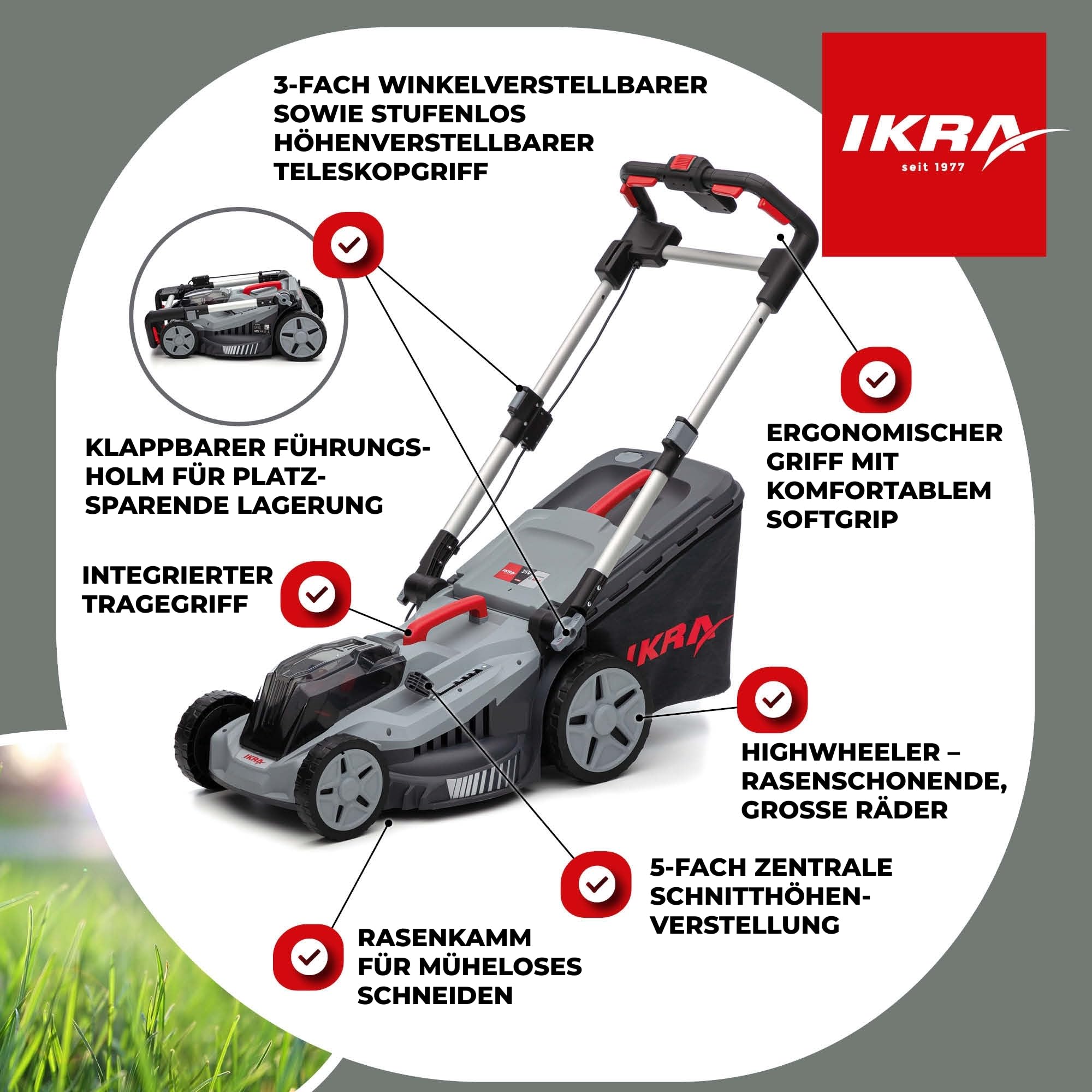 IKRA Rasenmäher IB-LM 43, 3in1, Breite 43cm, ohne 36V Akku & Ladegerät | Kompatibel mit Bosch, Rasenflächen bis 600m², Schnitthöhe 30-75mm, Fangkorb 52l, Batterieladeanzeige am Griff, inkl. Mulchkit