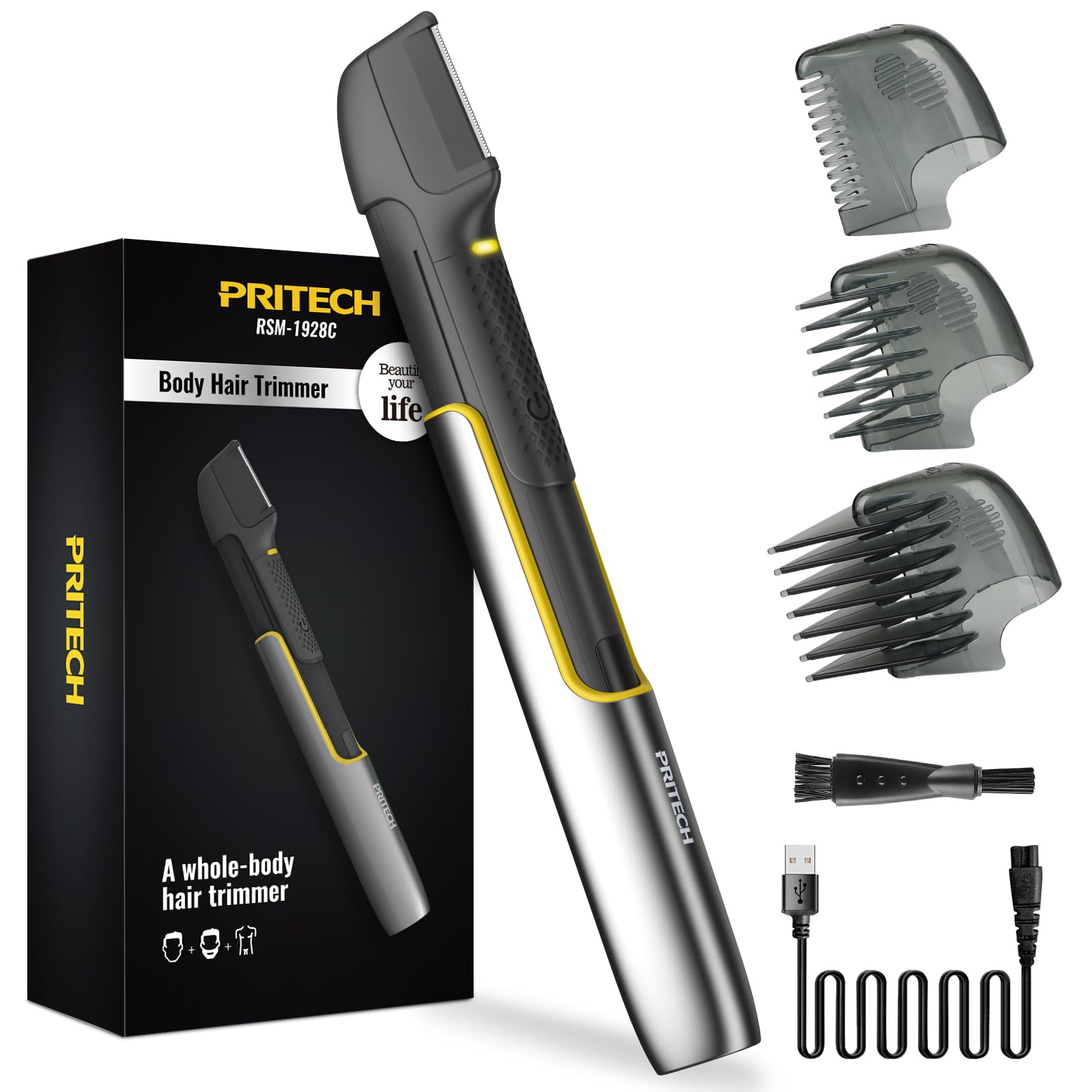 PRITECH Body Hair Trimmer for Men, Body Hair Groomers with Guard Comb, Rechargeable Hair Trimmer for Pubic Area, Back, Face, Legs and Beard