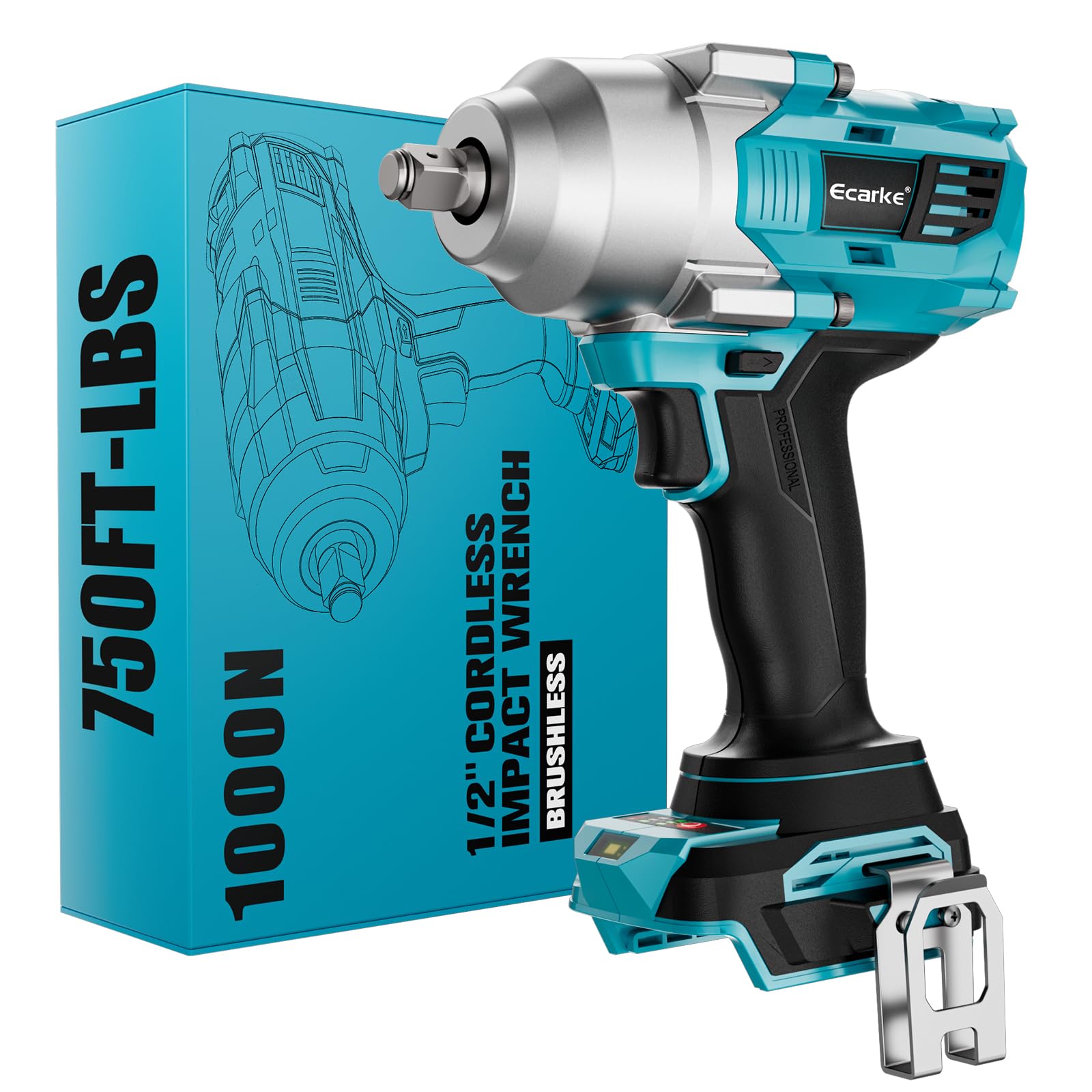 Ecarke 1000N·M Cordless Impact Wrench Compatible with Ma-Kita 18V, 2200 RPM, 1/2 Inch Brushless Impact Impact Driver with LED Light for Car Tyres, Scaffolding and DIY(Tool Only)-Blue