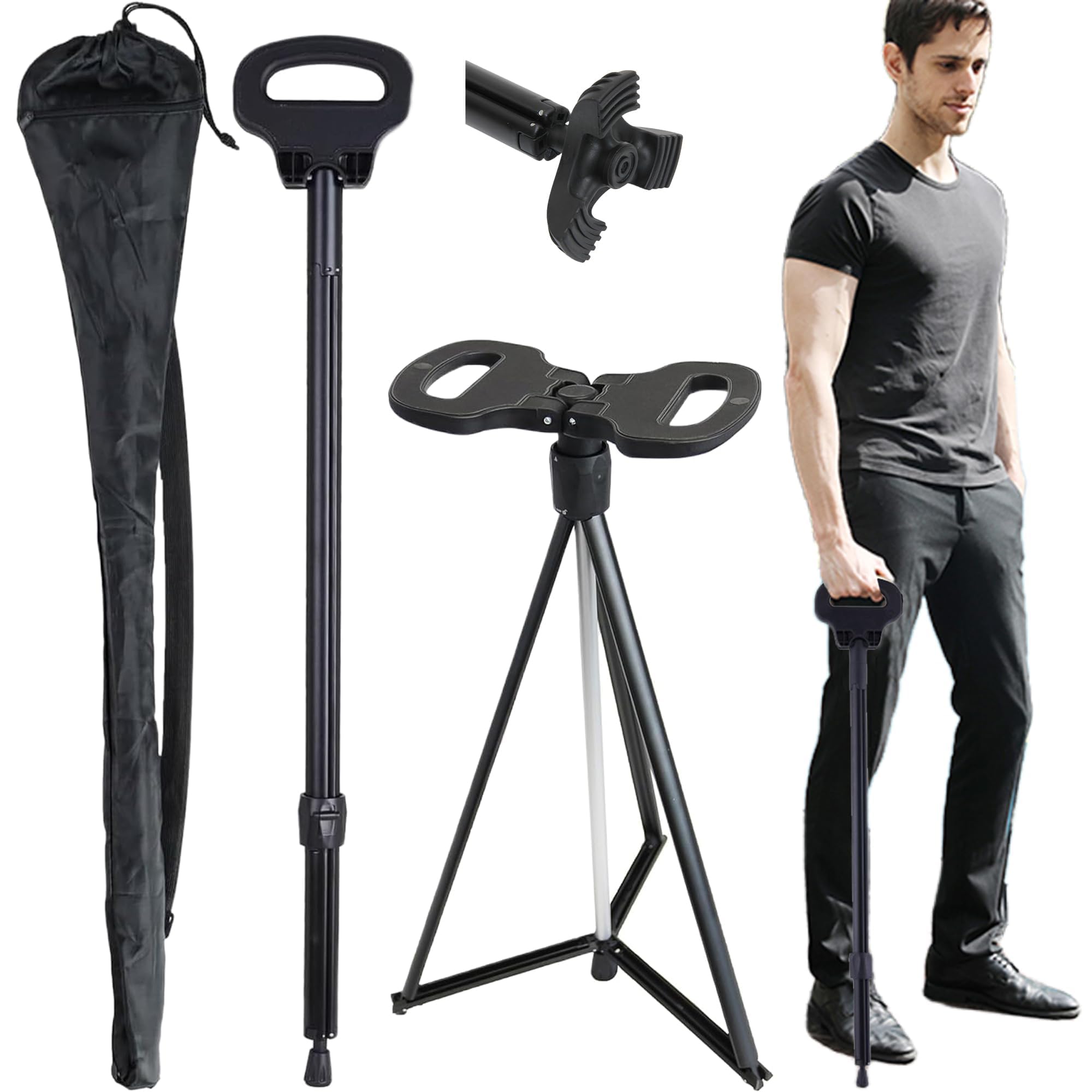 ALEVMOOM Walking Stick with Seat for Men & Women, Folding Walking Sticks with Carry Bag, Shooting Stick Seat Portable Cane Stool with Cushion for Elderly Adults
