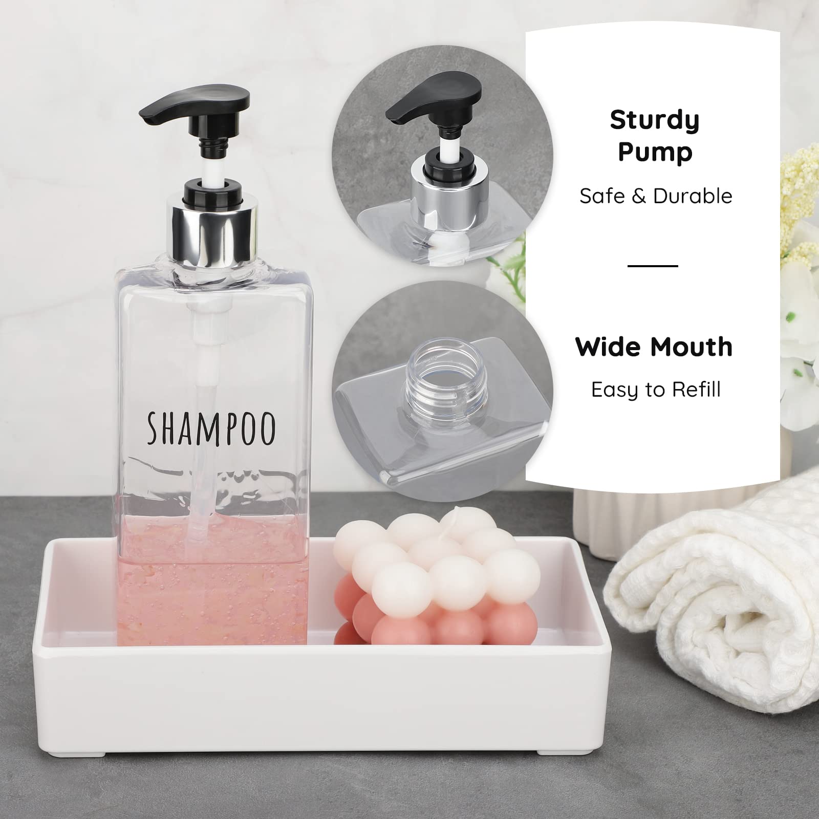 Segbeauty Distributeur Gel Douche Salle de Bain, Flacon Pompe Vide 500ml, 3 Pièces Bouteille de Shampoing avec Étiquette, pour Salle de Bain Hôtel (Transparent)