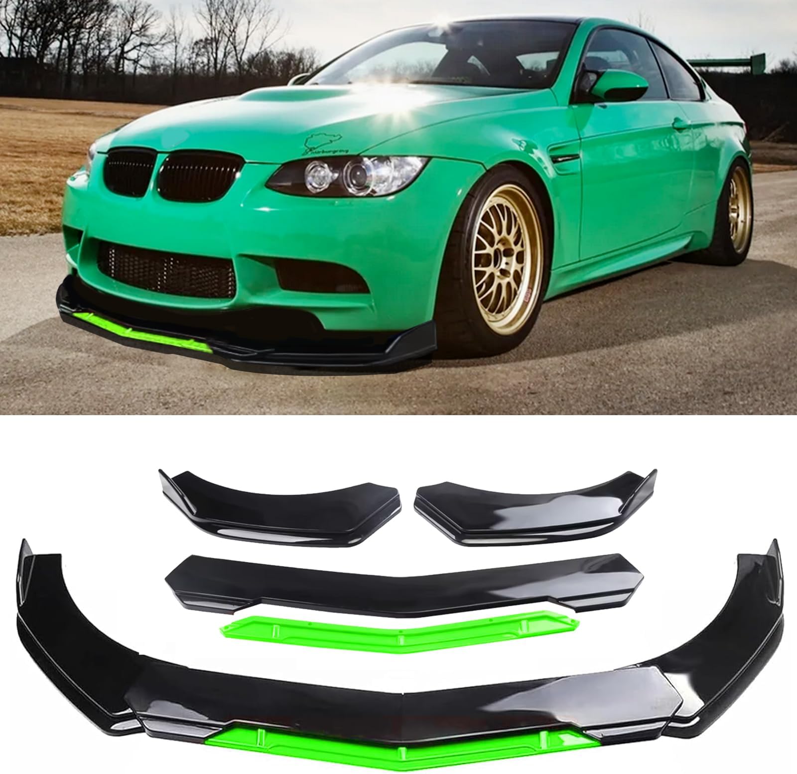 Universal Front Lip for Car,Glossy Black Front Bumper Lip, ABS Adjustable Sharp Corner Front Bumper Lip Splitter Protector Replacement for Most Vehicle (Glossy Black w/Green)