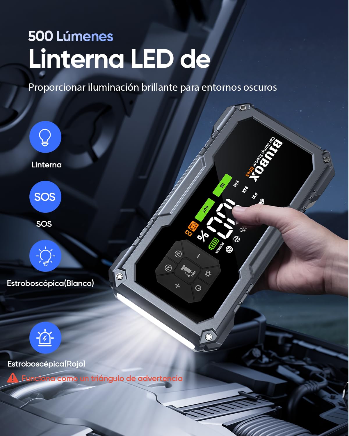 Arrancador de Baterías de Coche con Compresor de Aire 150PSI, 8500A BiuBox Arrancador de Coches Portatil (para Toda Gasolina o 9L Diesel), Booster Batería de 12V Jump Starter con Luz LED 500lm
