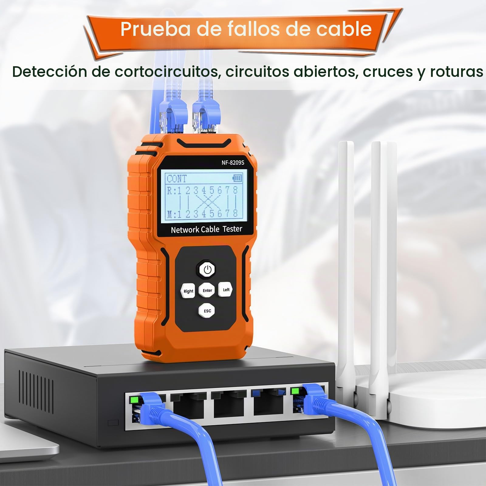 NF-8209S - Probador de cables de red RJ11, RJ45, CAT5, CAT6, LAN, prueba de cortocircuito y estado de interrupción transversal con POE, medición de longitud