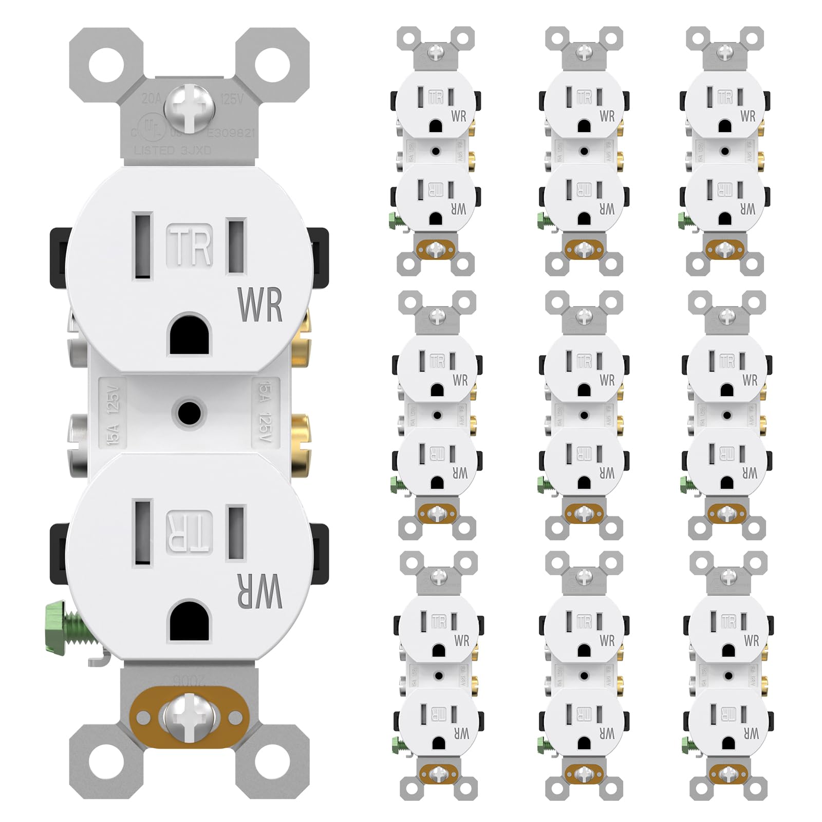 AIDA 15 Amps Outlets Duplex Electrical Receptacle Outlets,Tamper Resistant & Weather Resistance Electrical Receptacle, 2 Pole,3-Wire, Self-Grounding, NEMA 5-15R,UL Listed (10 Pack, White)