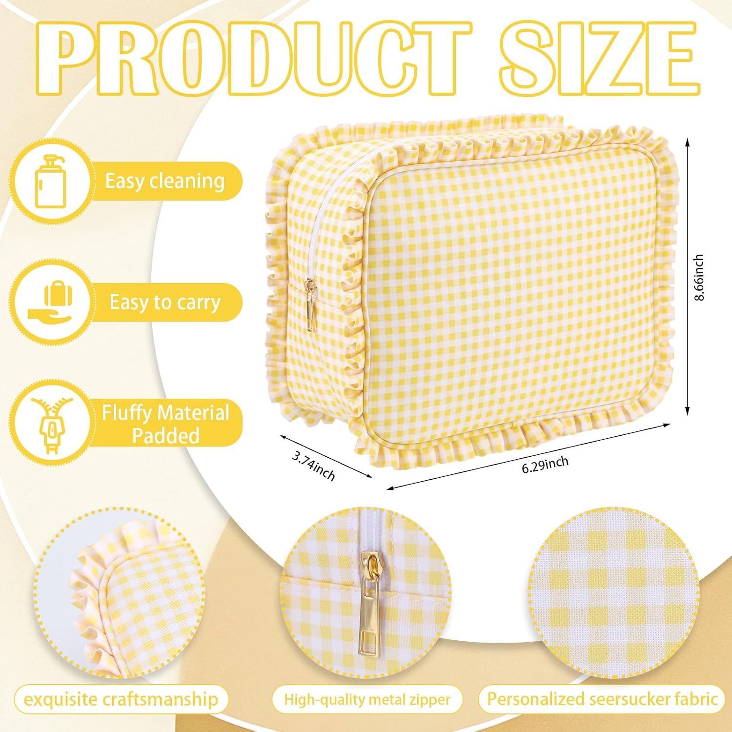 Yellow Gingham Ruffle Makeup Bag 10 x 8 x 4.5 Inches Large Ruffle Pouch Travel Cute Checkered Cosmetic Toiletry Bag with Zipper for Women Girls, Toiletry Pouch Make up Organizer Gift