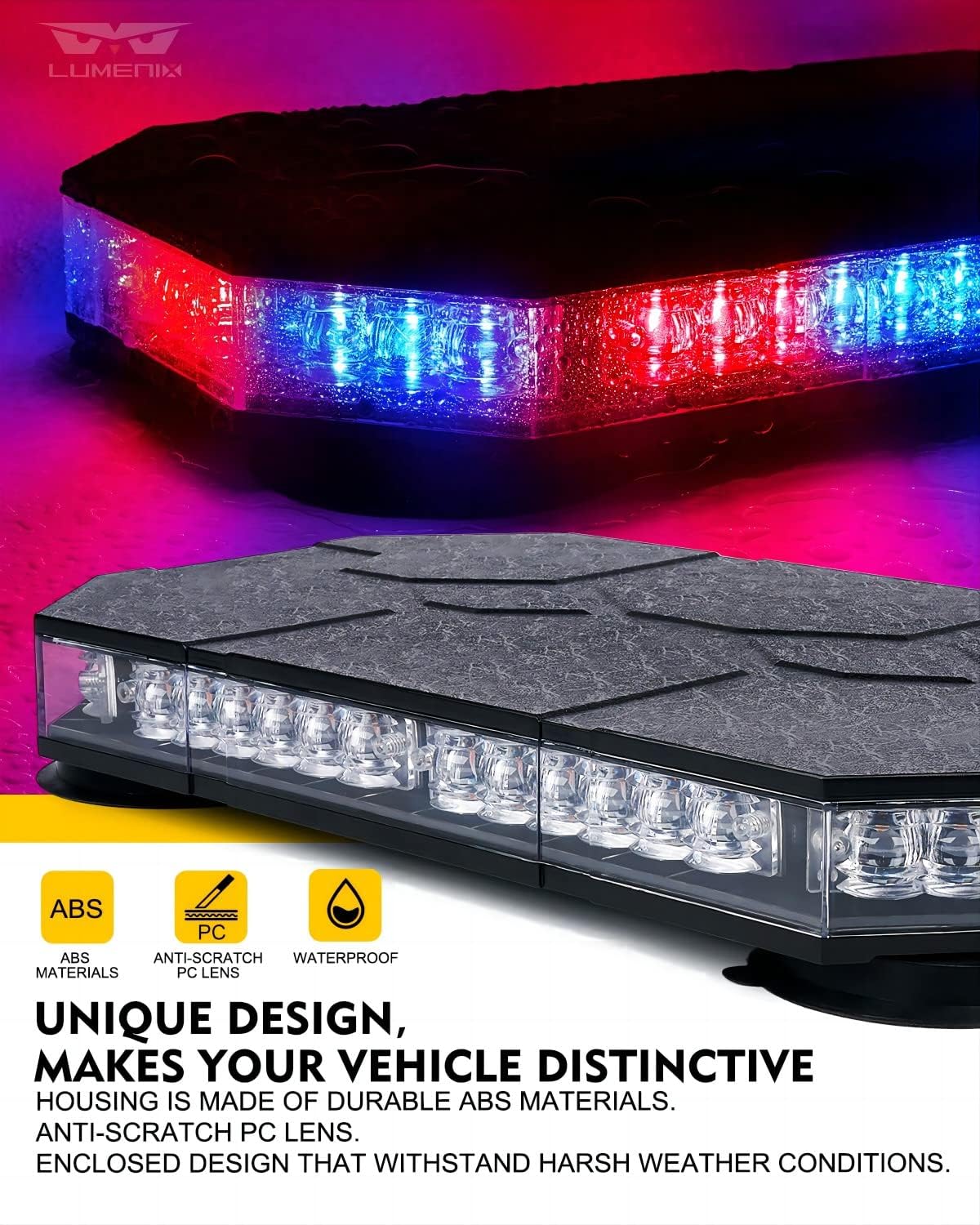 LUMENIX LED Rooftop Strobe Beacon Lights Bar w/Controller Magnetic Emergency Traffic Warning Security Caution Police Cop Lights for First Responder Vehicle Trucks Car - Red Blue (Patent Design)