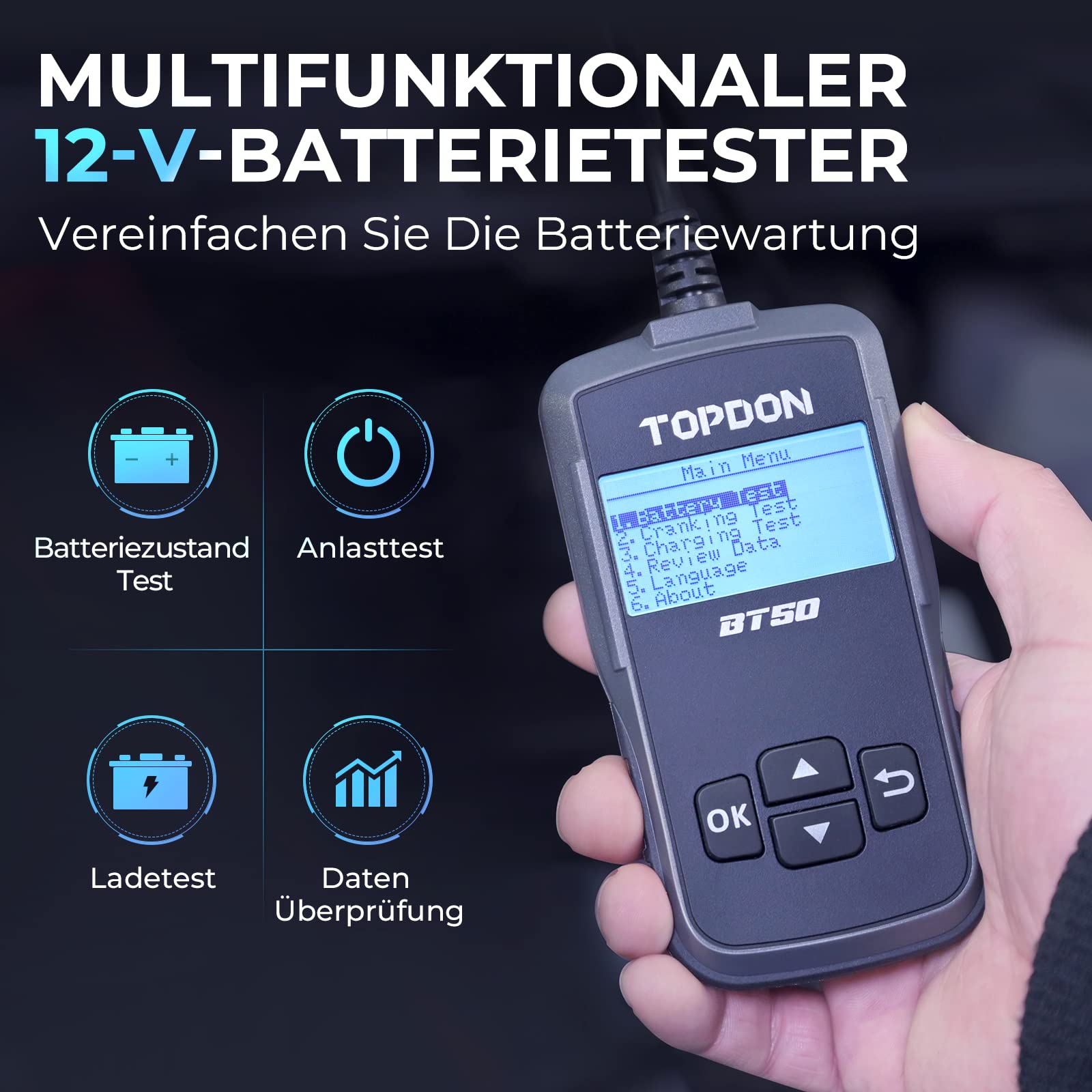 TOPDON Tester batteria auto BT50, 12V tester per batterie 100-2000 CCA, sistema di avviamento e ricarica, strumento di diagnosi auto, analizzatore digitale di alternatore e batteria