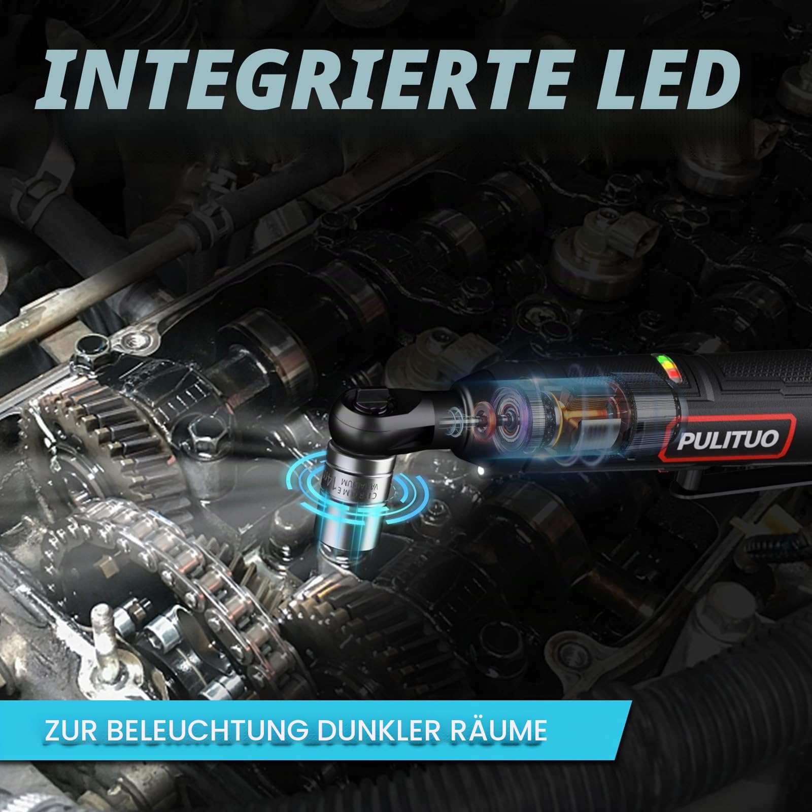 PULITUO Elektrische Ratschenschlüssel Set, 12V Akku Ratschenschlüssel 3/8" mit 2pcs 2000mAh Akkus und Ladegerät, 50N.m, 10 Steckdosen und LED-Licht