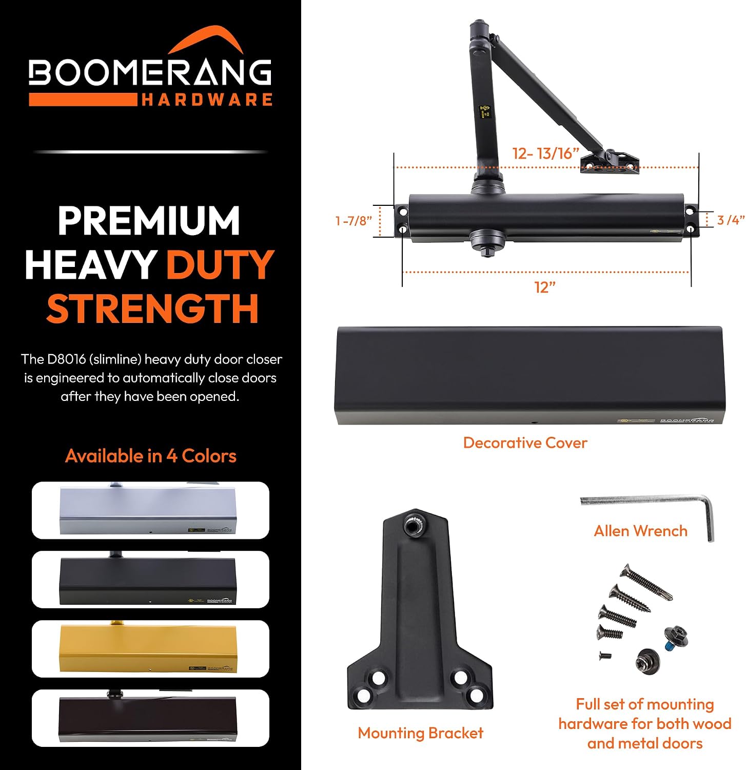Boomerang D8016 Heavy-Duty Designer Auto Commercial Door Closer | Multiple Mount Options, Door Closer for High Traffic Areas, ADA & UL 3 Hour Fire Rated, Matte Black (US19)