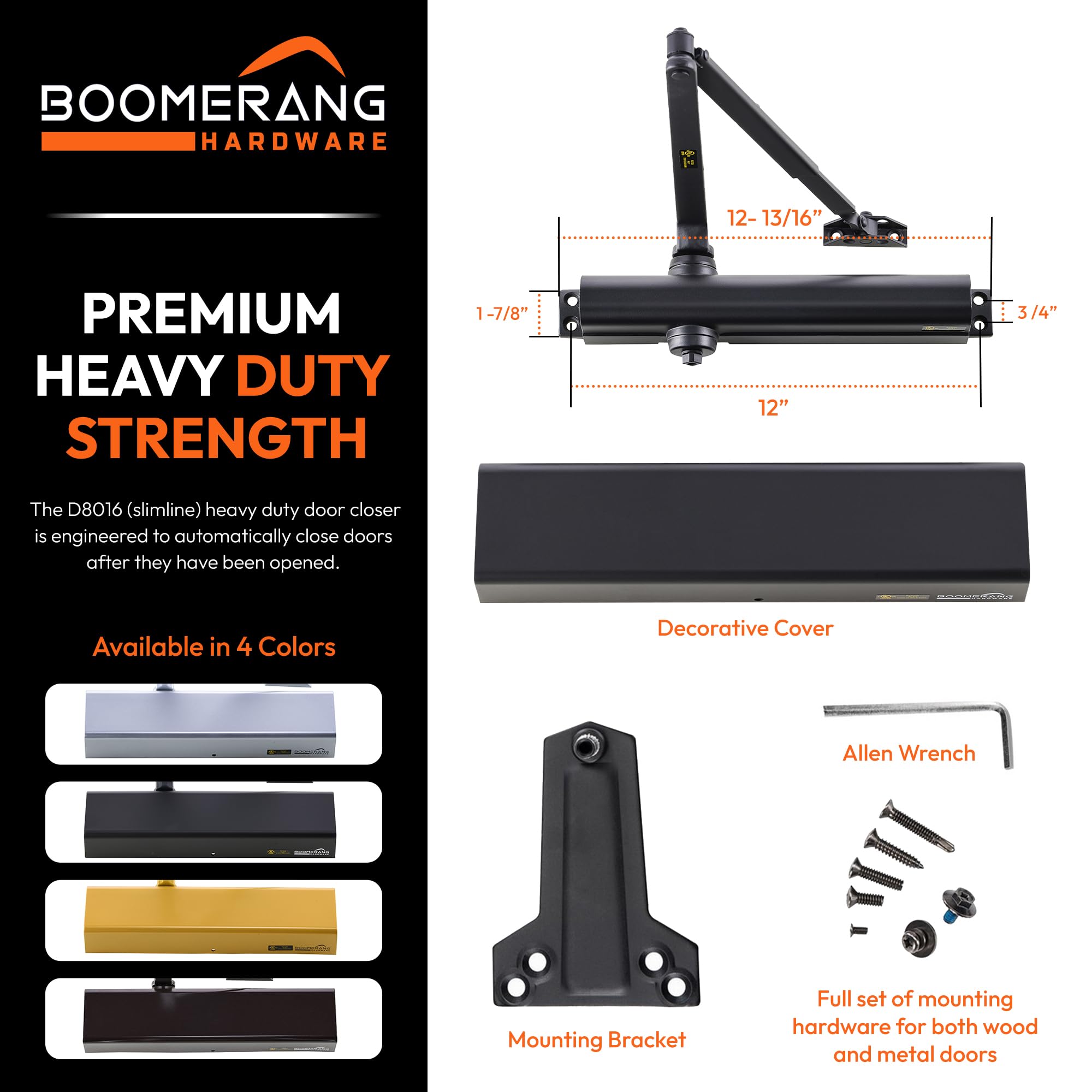 Boomerang Heavy Duty designerski automatyczny samozamykacz do drzwi komercyjnych - D8016 - montowany na powierzchni, klasa 1, odlewane aluminium, klasa ognioodporności UL i ADA do drzwi o dużym