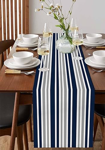 Miniatura 4 de Camino de mesa a rayas azul marino gris blanco lino de algodón largo 72 pulgadas para cocina café comedor sofá mesa dormitorio salón bufanda