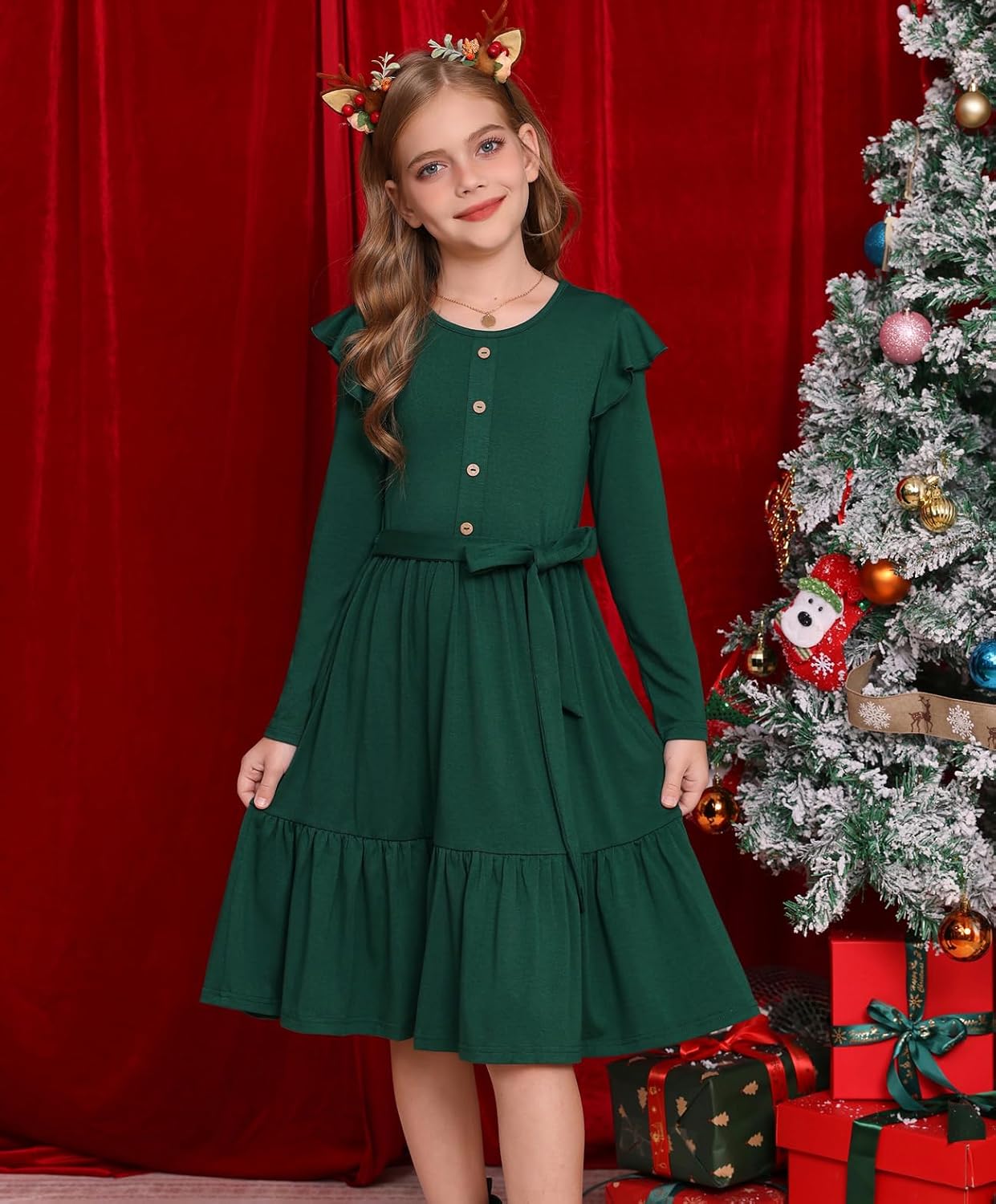 GRACE KARIN Girls Fall Long Sleeve Dress for Girl Rullfe Button Casual Flowy Tiered Dresses with Pocket 6-14Years - Image 2