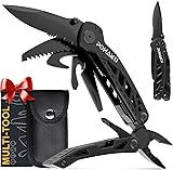Pohaku Multitool Pocket Knife, Gifts for Men, 13 in 1 Pocket Multi Tool with 3' Large Blade, Safety Locking Design, Spring-Action Plier, Durable Nylon Sheath for Camping, Fishing, Survival, Hiking Black