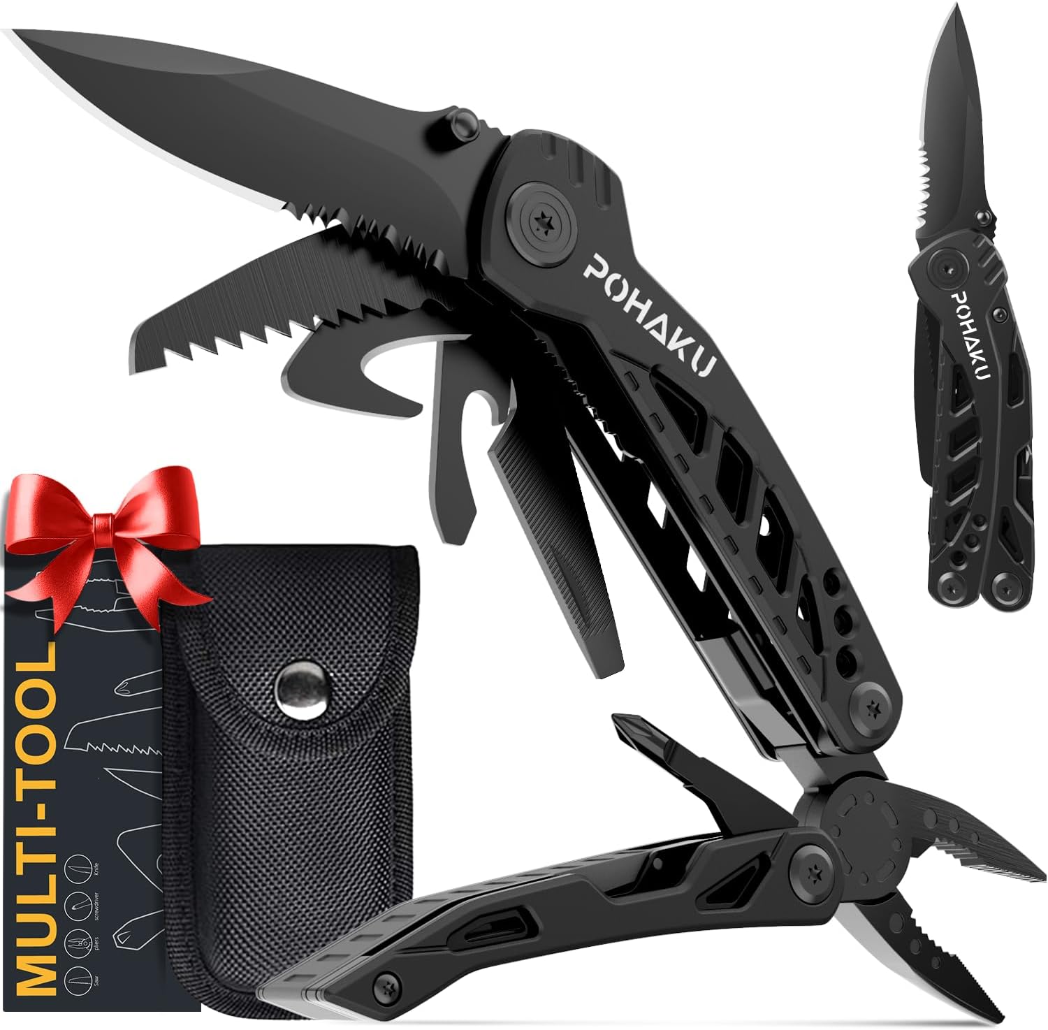 Pohaku Multitool Pocket Knife, Gifts for Men, 13 in 1 Pocket Multi Tool with 3" Large Blade, Safety Locking Design, Spring-Action Plier, Durable Nylon Sheath for Camping, Fishing, Survival, Hiking