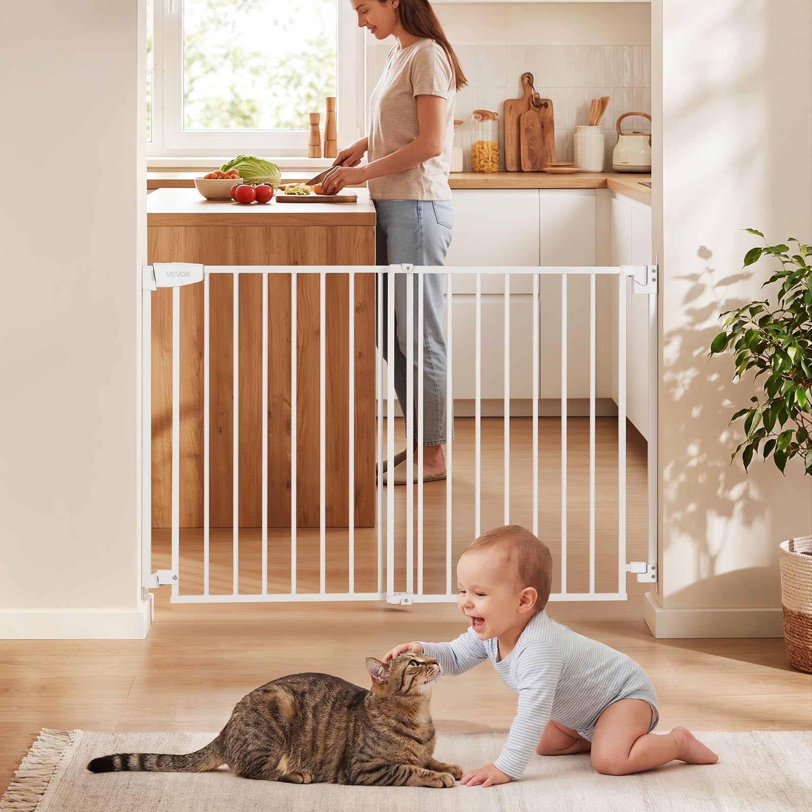 VEVOR Barrera de Seguridad para Niños, Alto de 760 mm, Ajustable de 778-1210 mm, Valla de Seguridad para Mascotas, Cierre Automático Apertura 180° Bloqueo Doble, Kit de Instalación, para Escaleras
