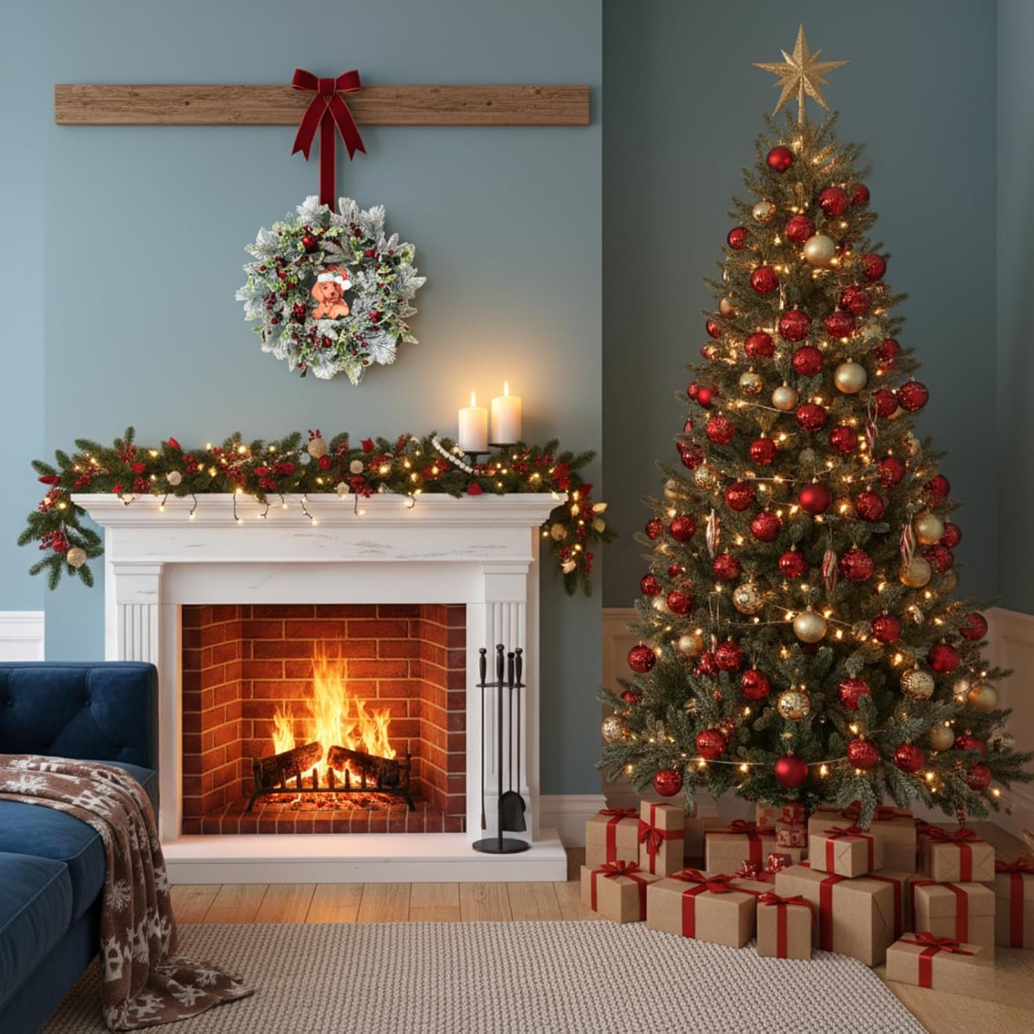 24 Inch Lighted Christmas Wreath Dog Sign Wreath with Snow Flocked Cedar Branches Pine Needles Red Ornaments Berries and Timer Christmas Décor Holiday Hanging Decoration for Door Wall Mantel