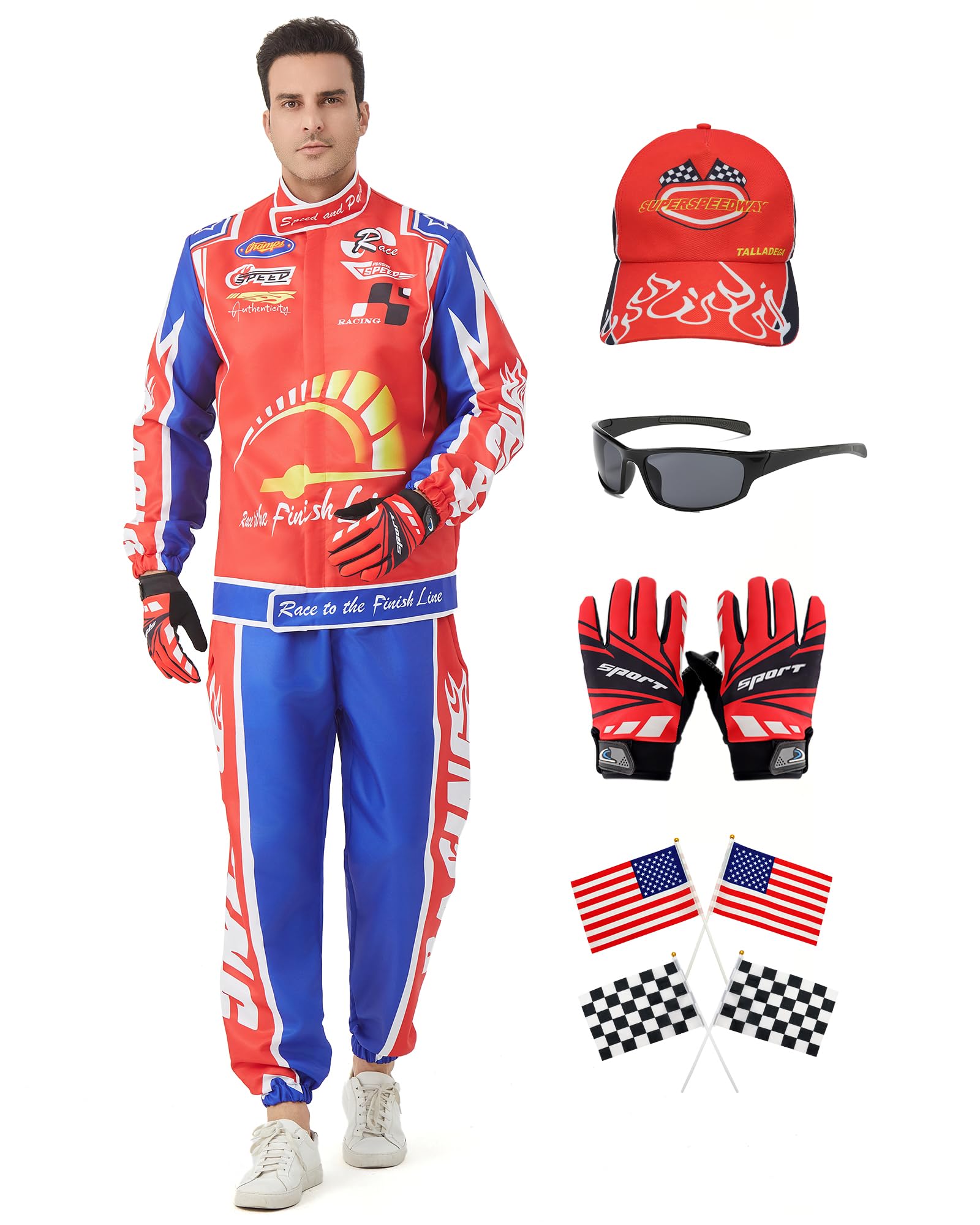 Deaboat Race Car Driver Costume for Men Halloween Cosplay Racing Suit Outfits With Hat Gloves Flags Sunglasses 7Pcs