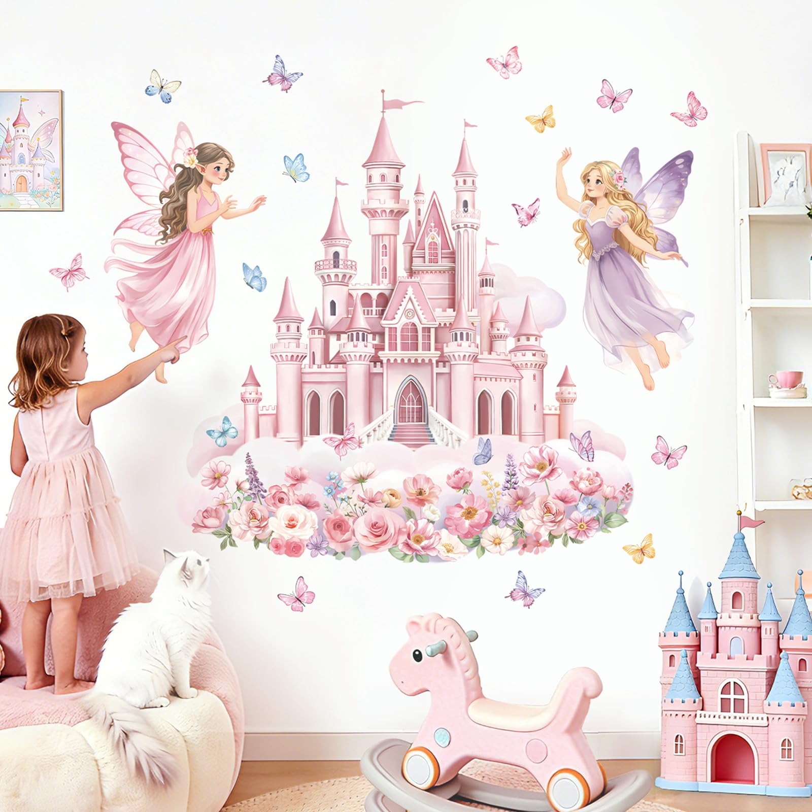 decalmile Stickers Muraux Château Rose Fille Fée Autocollant Mural Fleur Papillon Rose Décoration Murale Bébé Fille Chambre Enfants Pépinière - 2