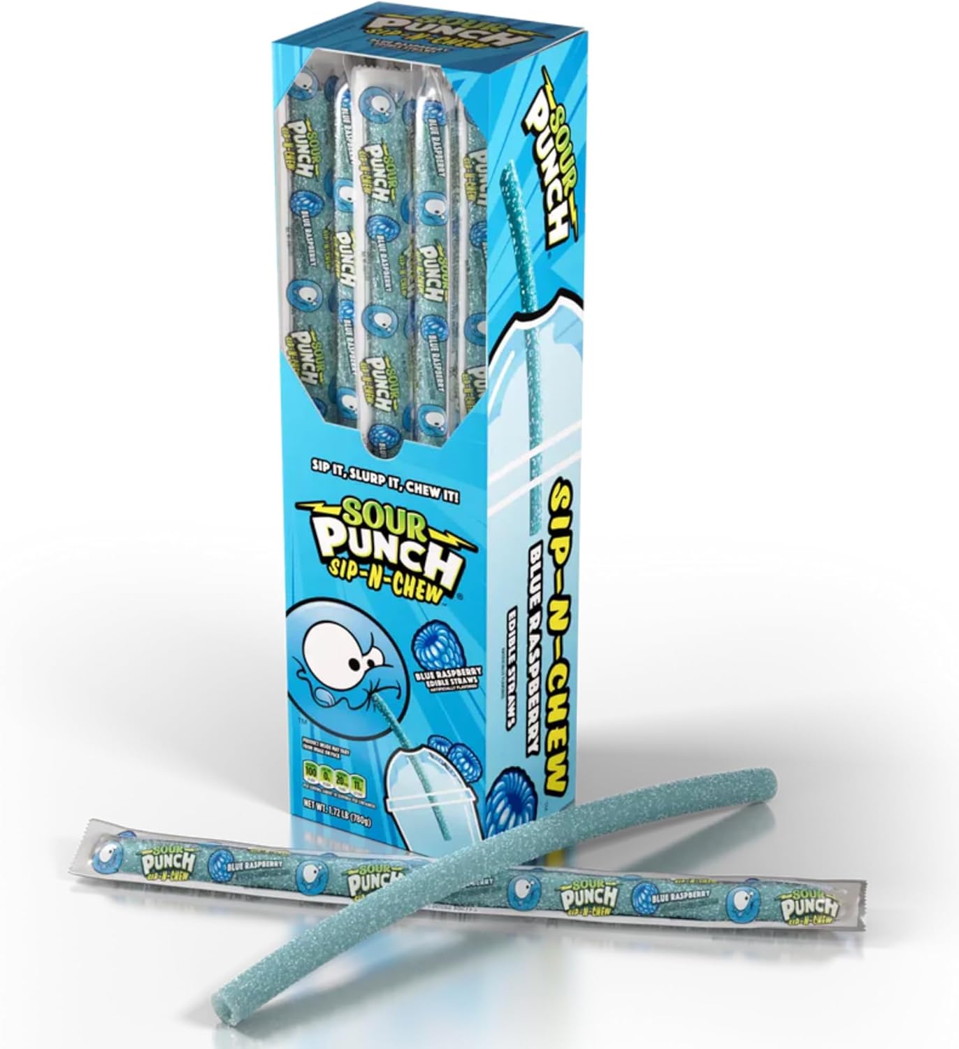 Sour Punch Sip-N-Chew Candy Straws, Blue Raspberry Flavor, 30 Count (0.9 oz Each) – Edible Drinking Straws, Individually Wrapped, Sweet & Sour Chewy Candy, Party & Snack Pack