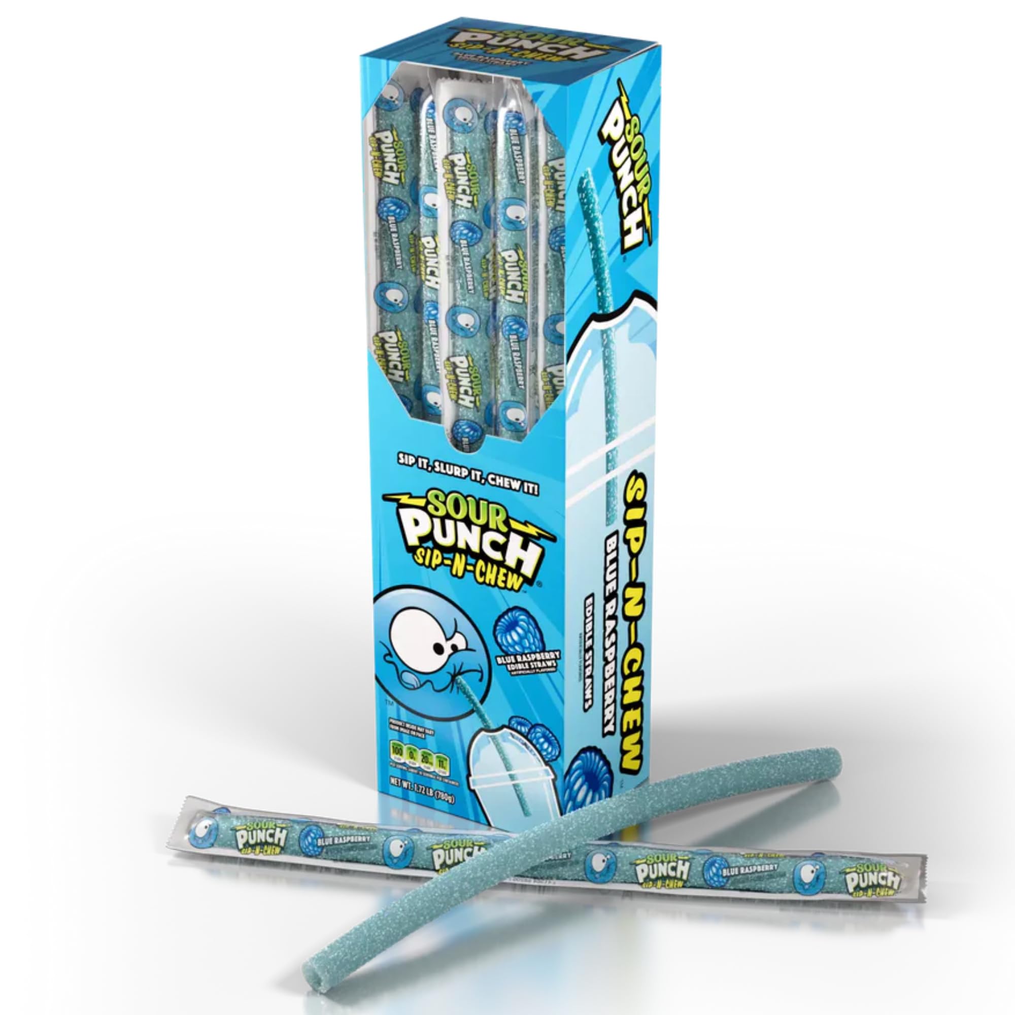 Paille comestible acidulée Sour Punch pour remplacer le plastique par un bonbon framboise bleue
