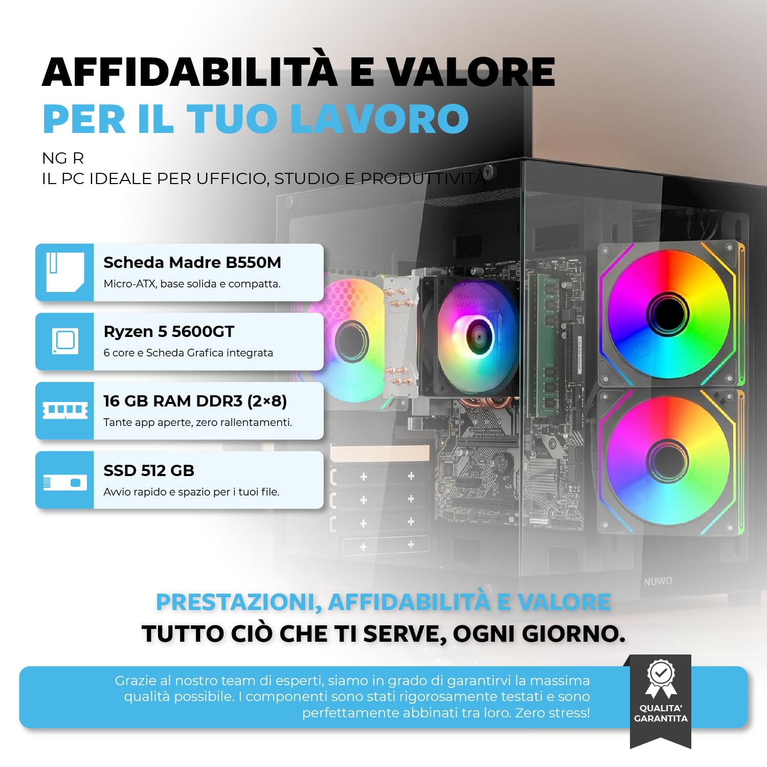 Keydo PC Fisso Desktop Ryzen 5 5600GT | 16GB DDR4 | SSD 512GB NVMe | Radeon Vega 7 | Windows 11 Pro | Tower Computer Fisso Completo NG-R