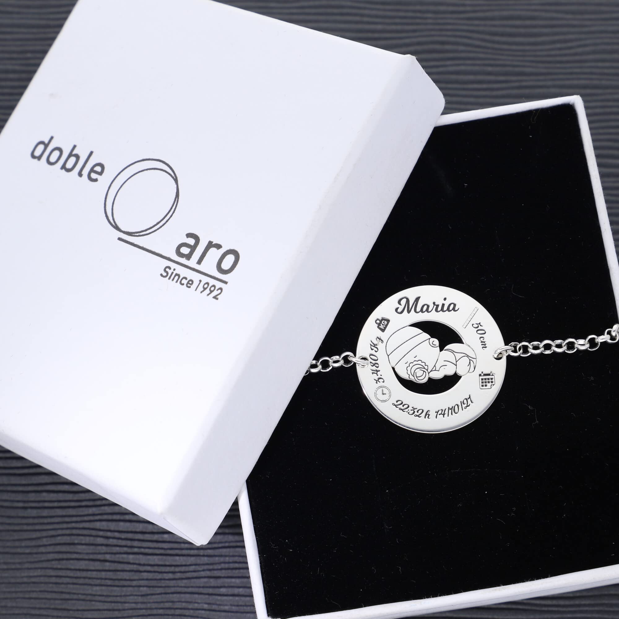 Pulsera de Nacimiento en Plata de Ley - Graba los datos de Nacimiento de tu Bebé - Ideal para la mejor mamá