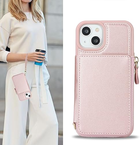 Miniatura 4 de iPhone 14 Funda para teléfono Cartera con tarjetero con cremallera para mujer, iPhone 14 Funda cartera con tarjeta de crédito con anillo Kickstand