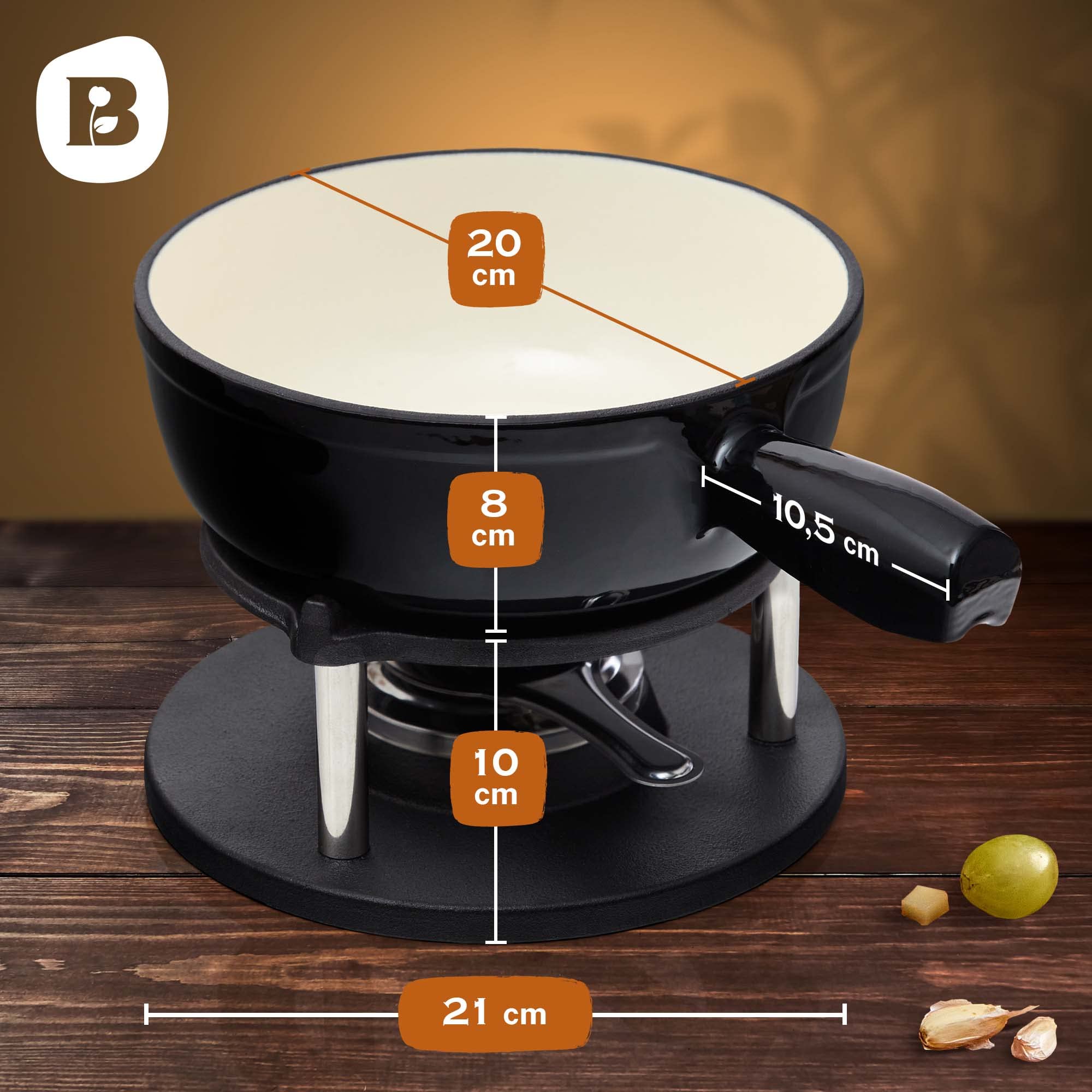 Gusseisen Fondue Set für 6 Personen - 2 Liter - Fondueset 9-teilig mit Brenner und 6 Gabeln - mit Emaille-Beschichtung - geeignet für Käsefondue Schokofondue Fleischfondue Gemüsefondue